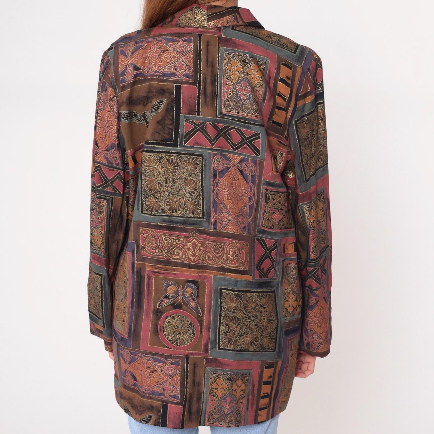 90s Kensington Square Patchwork Blazer Burgundy Brown Geometric Medium M