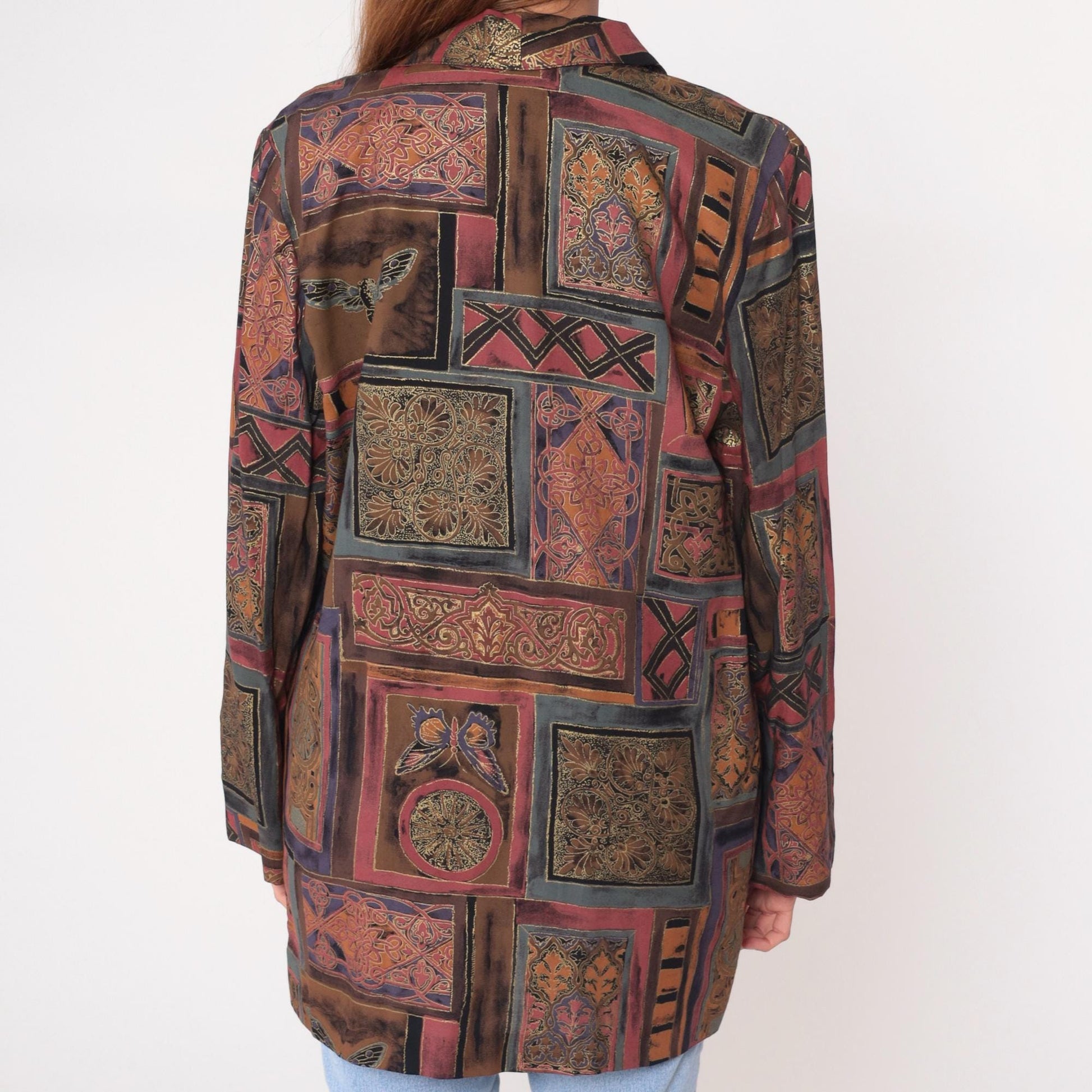 90s Kensington Square Patchwork Blazer Burgundy Brown Geometric Medium M