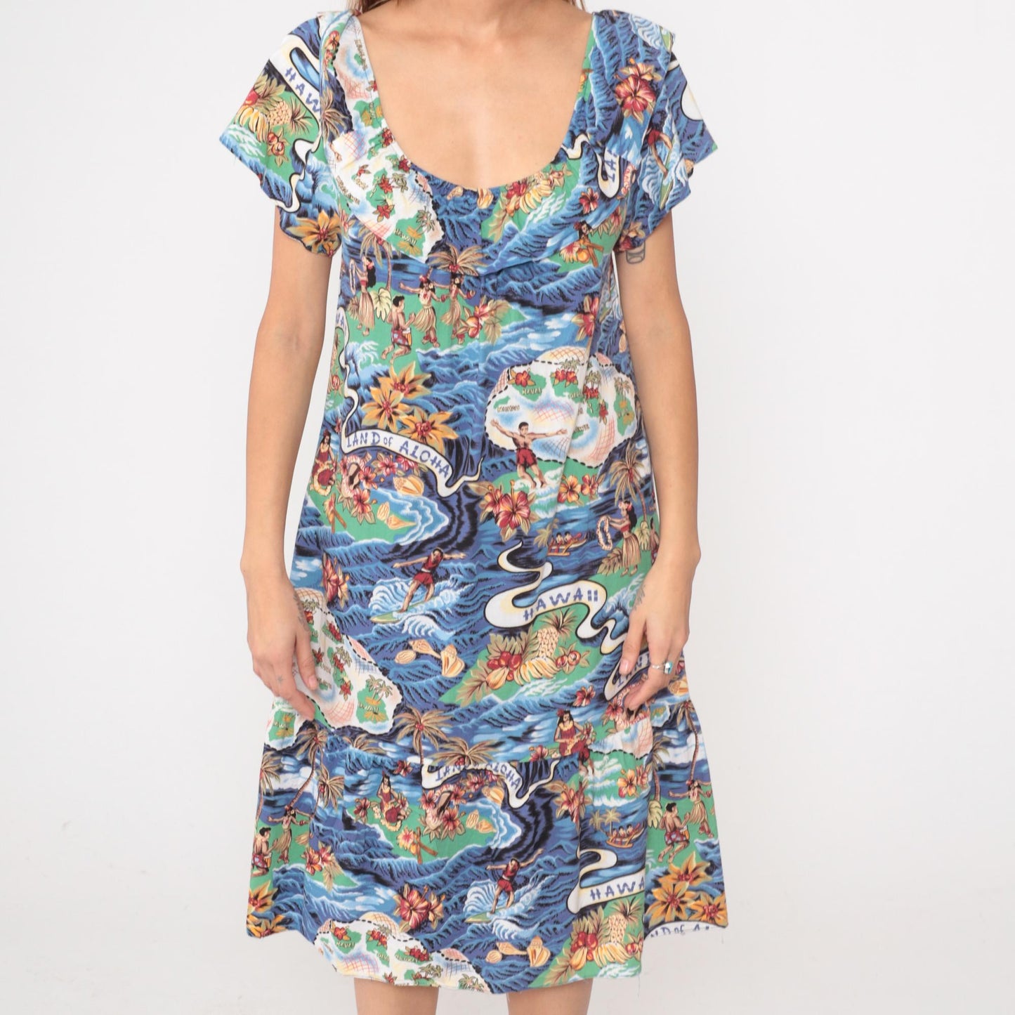 Y2K Hilo Hattie Hawaiian Midi Dress Blue Ocean Wave Print Small