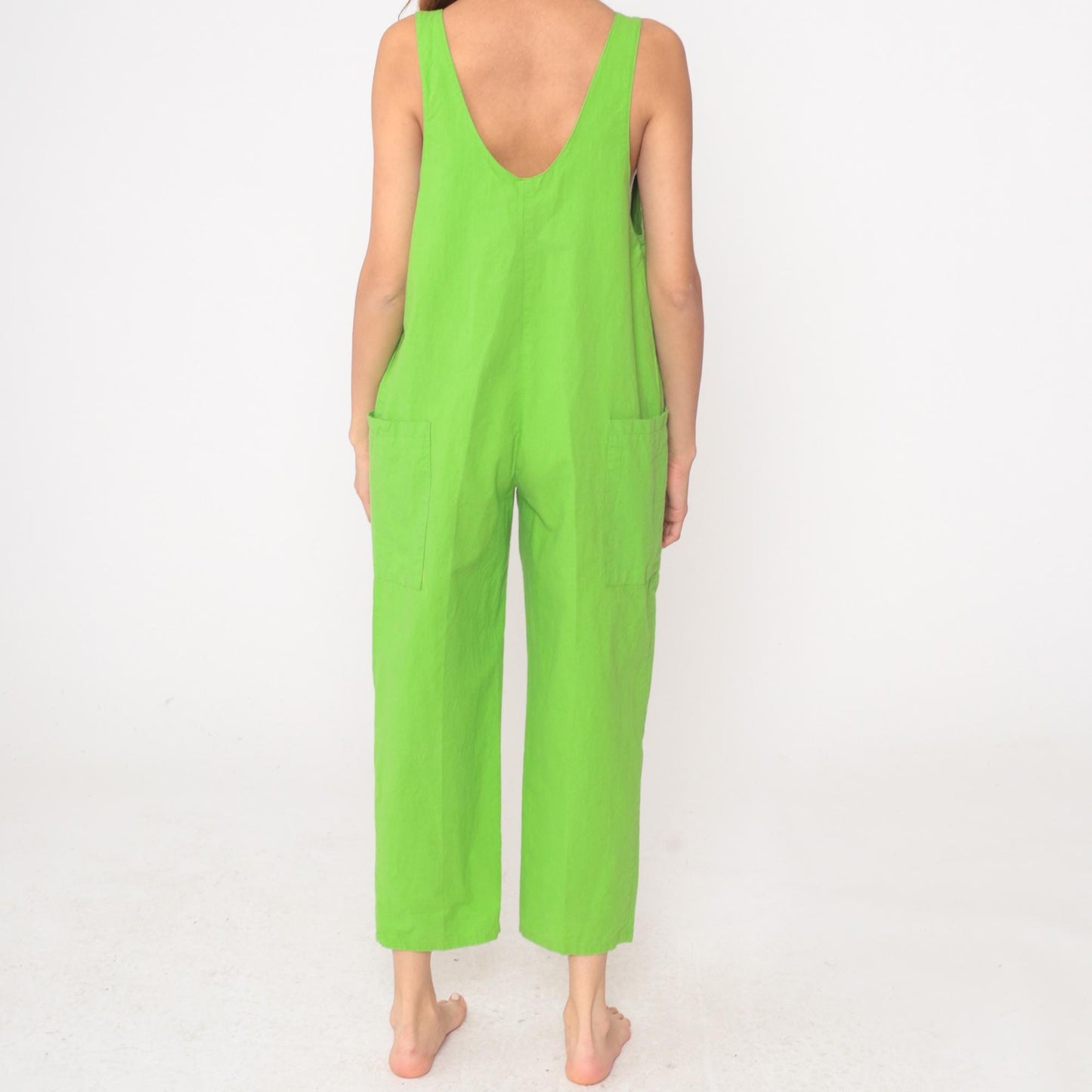 80s Ginger Neon Green Jumpsuit Deep V Sleeveless Cotton Cropped Medium M