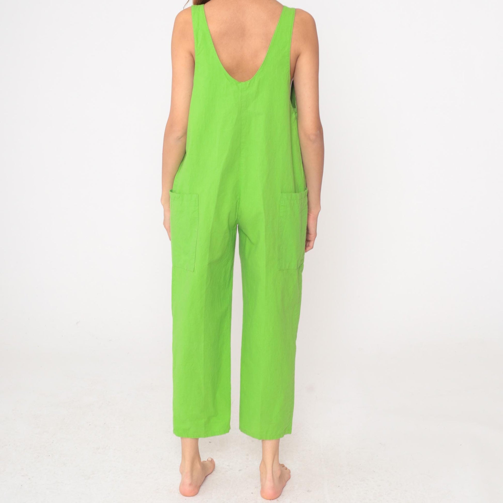 80s Ginger Neon Green Jumpsuit Deep V Sleeveless Cotton Cropped Medium M
