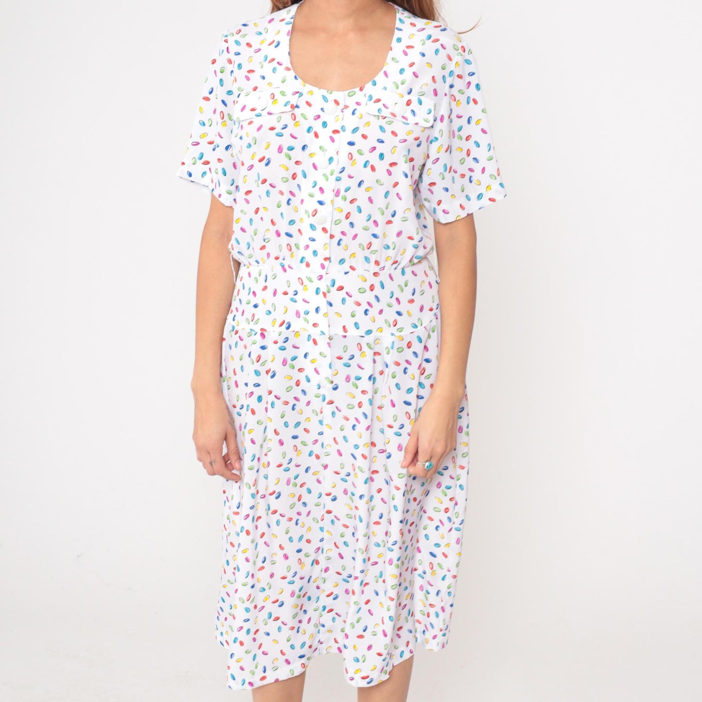 80s Liz Petites Jelly Bean Candy Print Dress White Knee-Length Medium