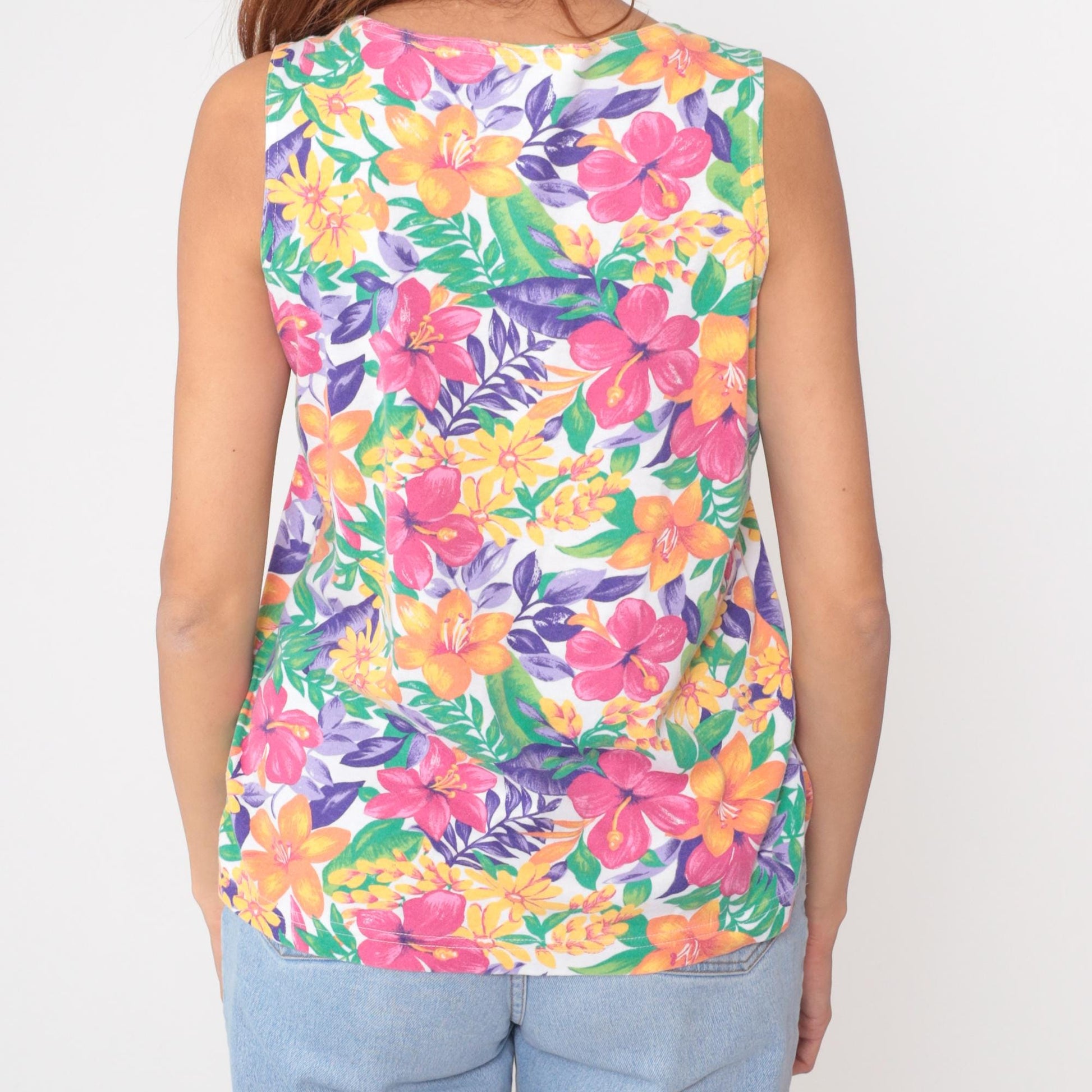 90s Tropical Floral Tank Top White Pink Orange Yellow Purple Medium