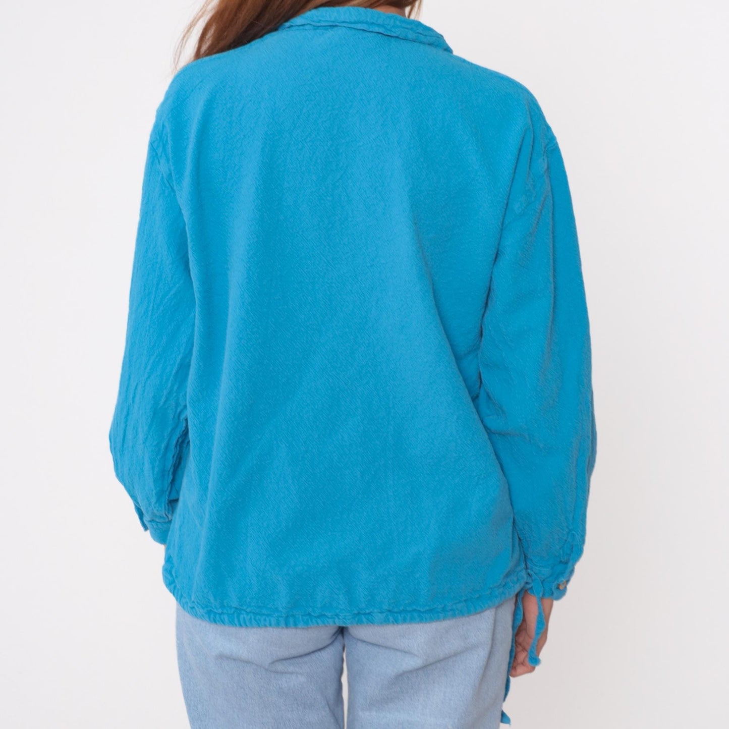 90s Sea Breeze Turquoise Cotton Blouse Peter Pan Collar Button Front Small