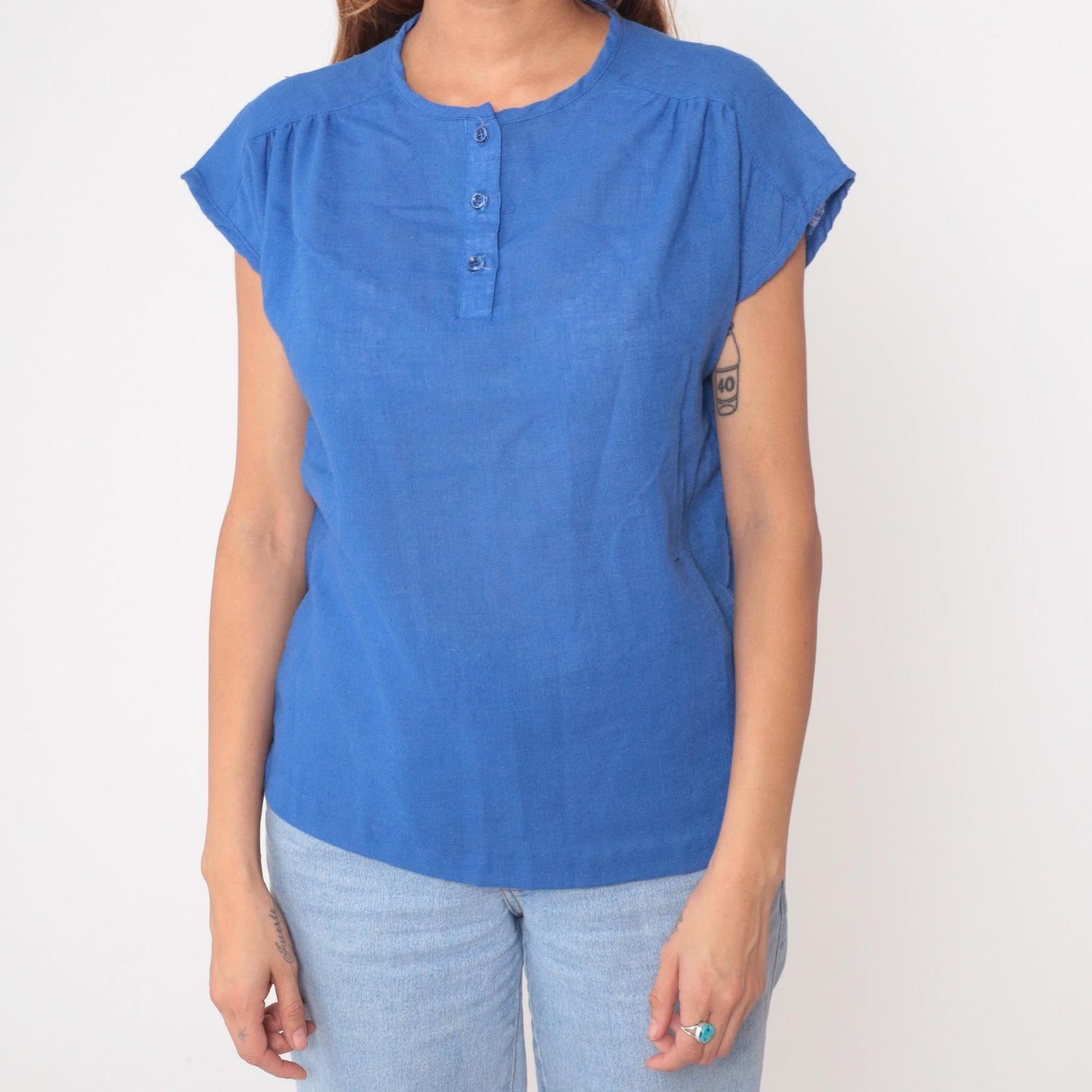 80s Catalina Cotton Blue Button Blouse Gathered Yoke Cap Sleeves Medium