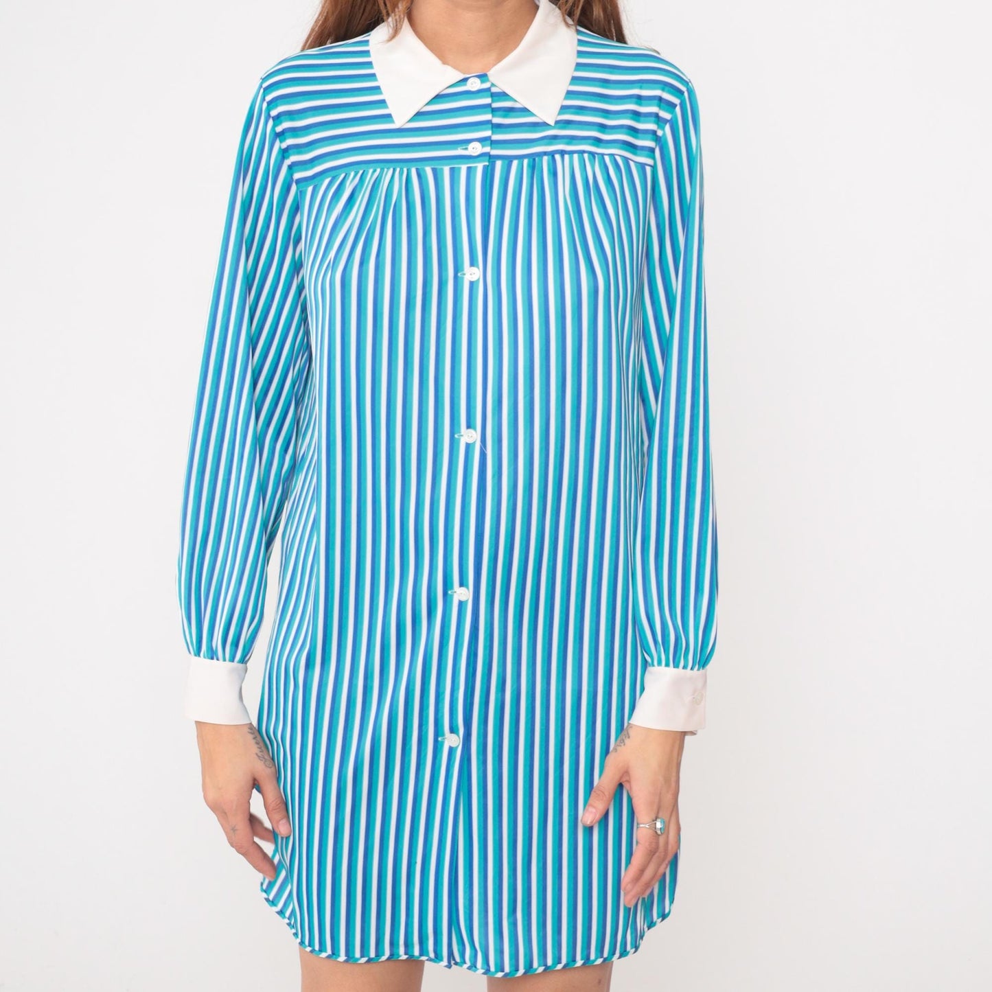60s Blue White Striped Mini Dress Button Front Mod Shift Medium