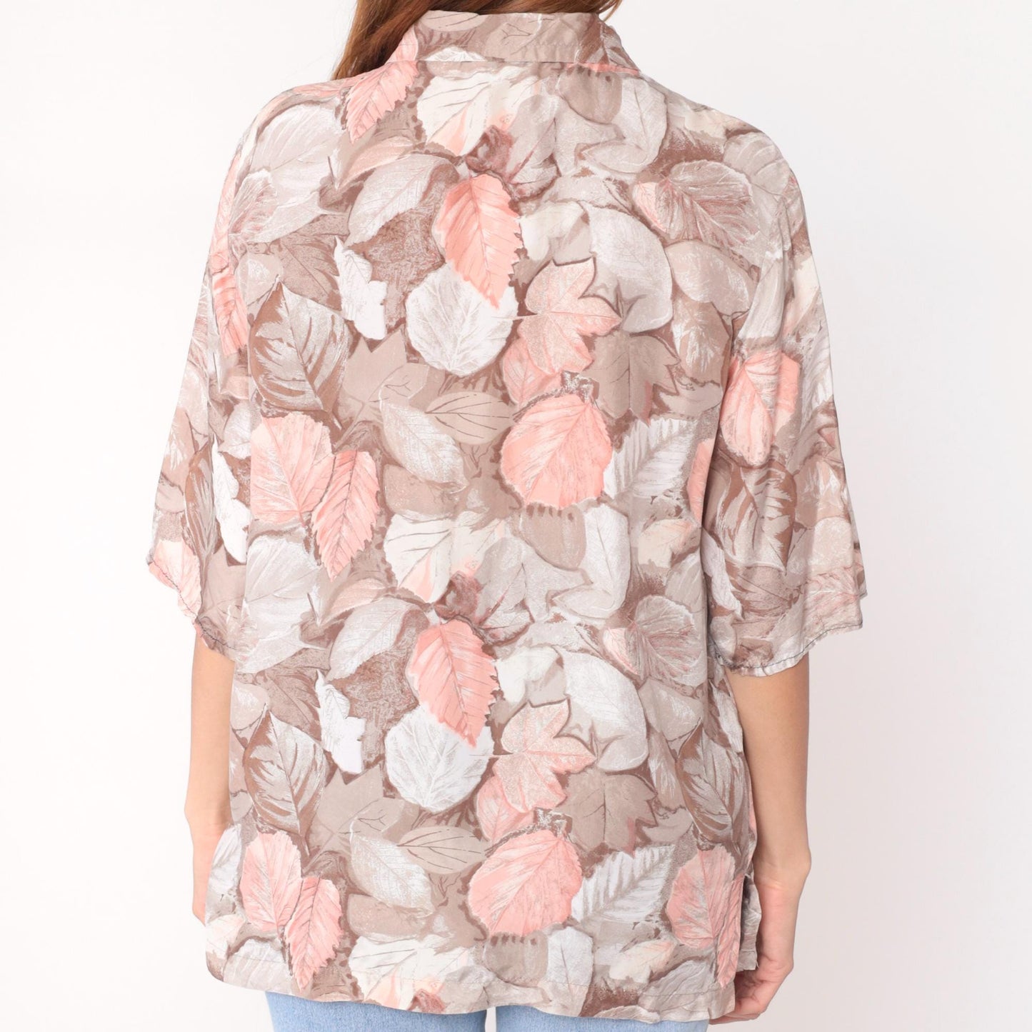 90s Silk Leaf Botanical Blouse Pointed Collar Three-Quarter Sleeve Beige Medium M
