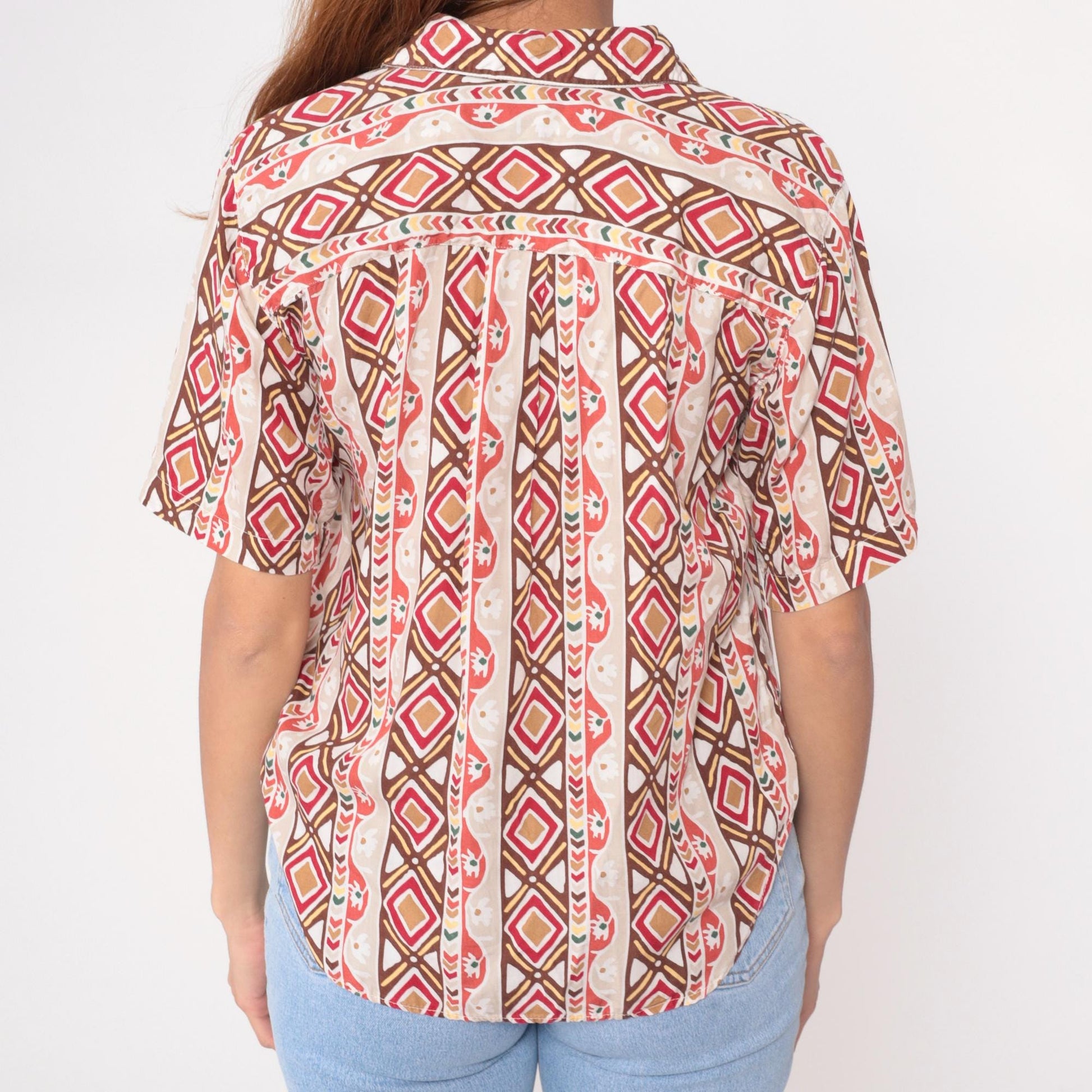 90s Roo Crossings Petites Geometric Print Button Blouse Cream Red Brown Small
