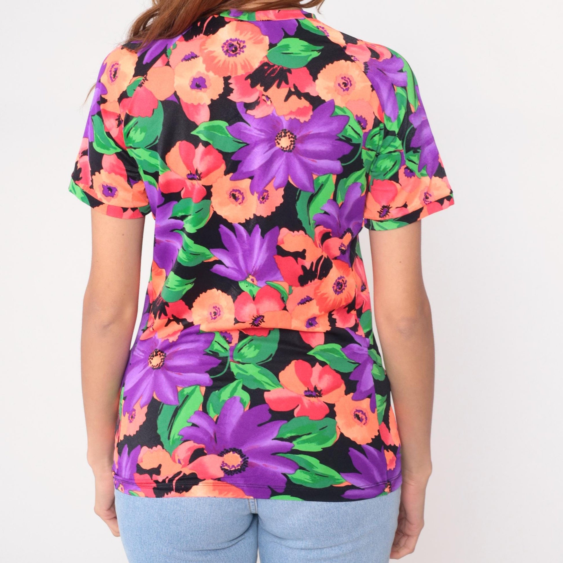 90s Floral T-Shirt Purple Orange Green Black Watercolor Print Fitted Small