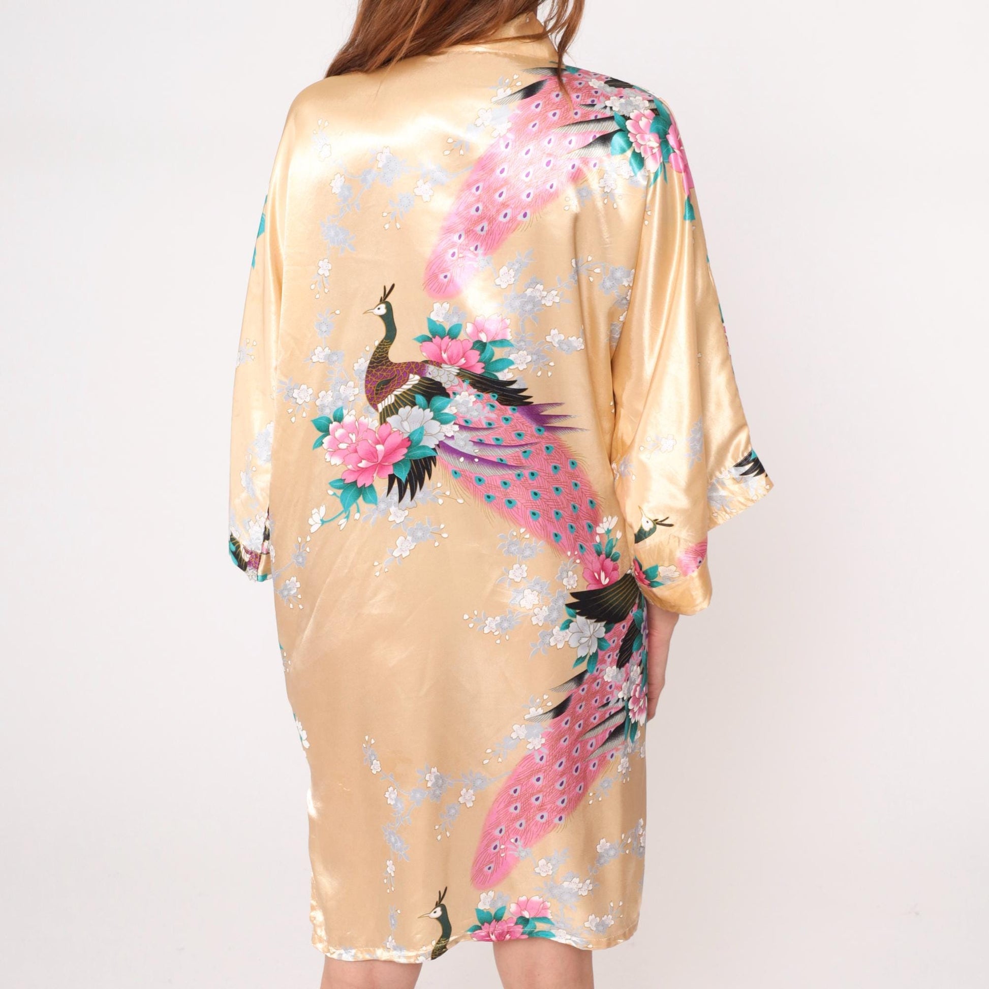90s Gold Peacock Kimono Robe Knee Length Satin Floral Open Front Medium