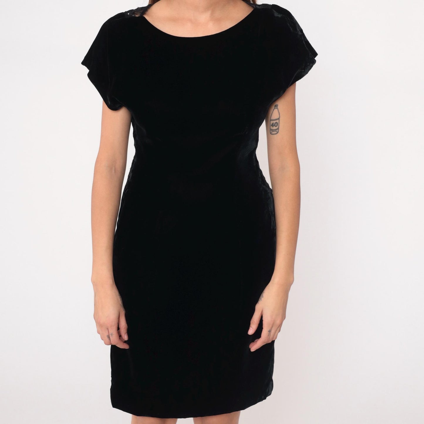 90s Black Velvet Dress Sequin Lace Back Panel Knee-Length Small S