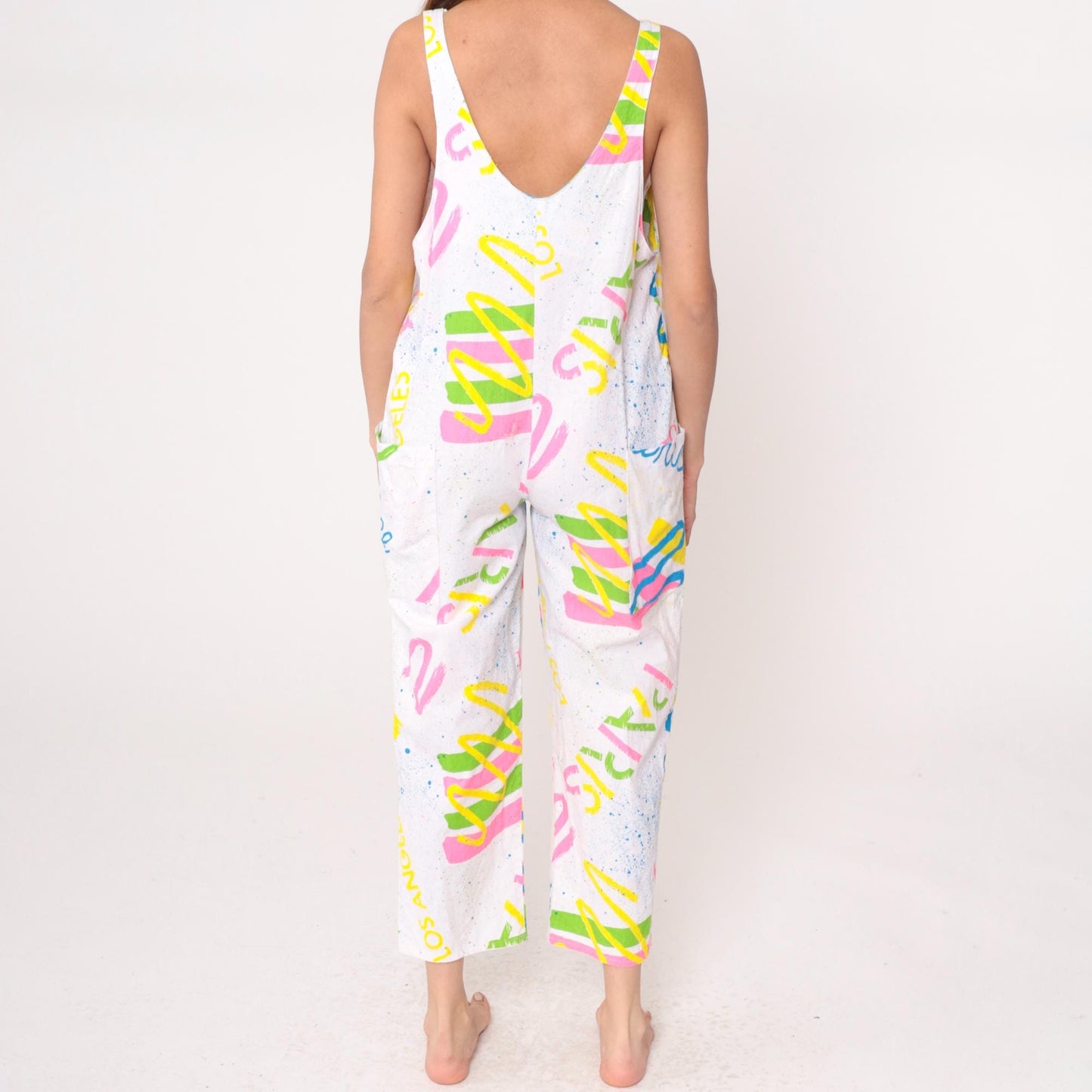 90s White Jumpsuit London Venice Graphic Print Deep V Neck Medium M