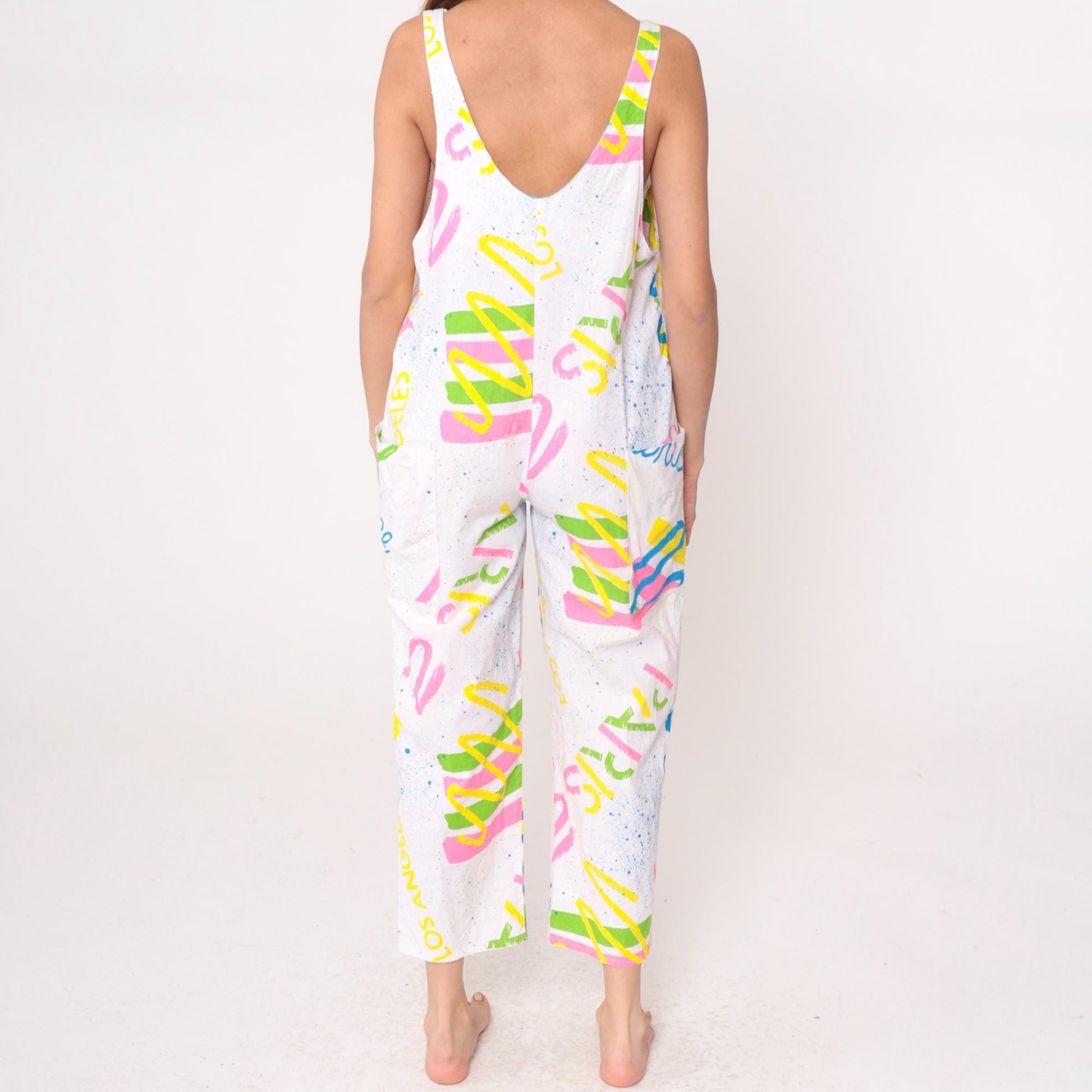 90s White Jumpsuit London Venice Graphic Print Deep V Neck Medium M