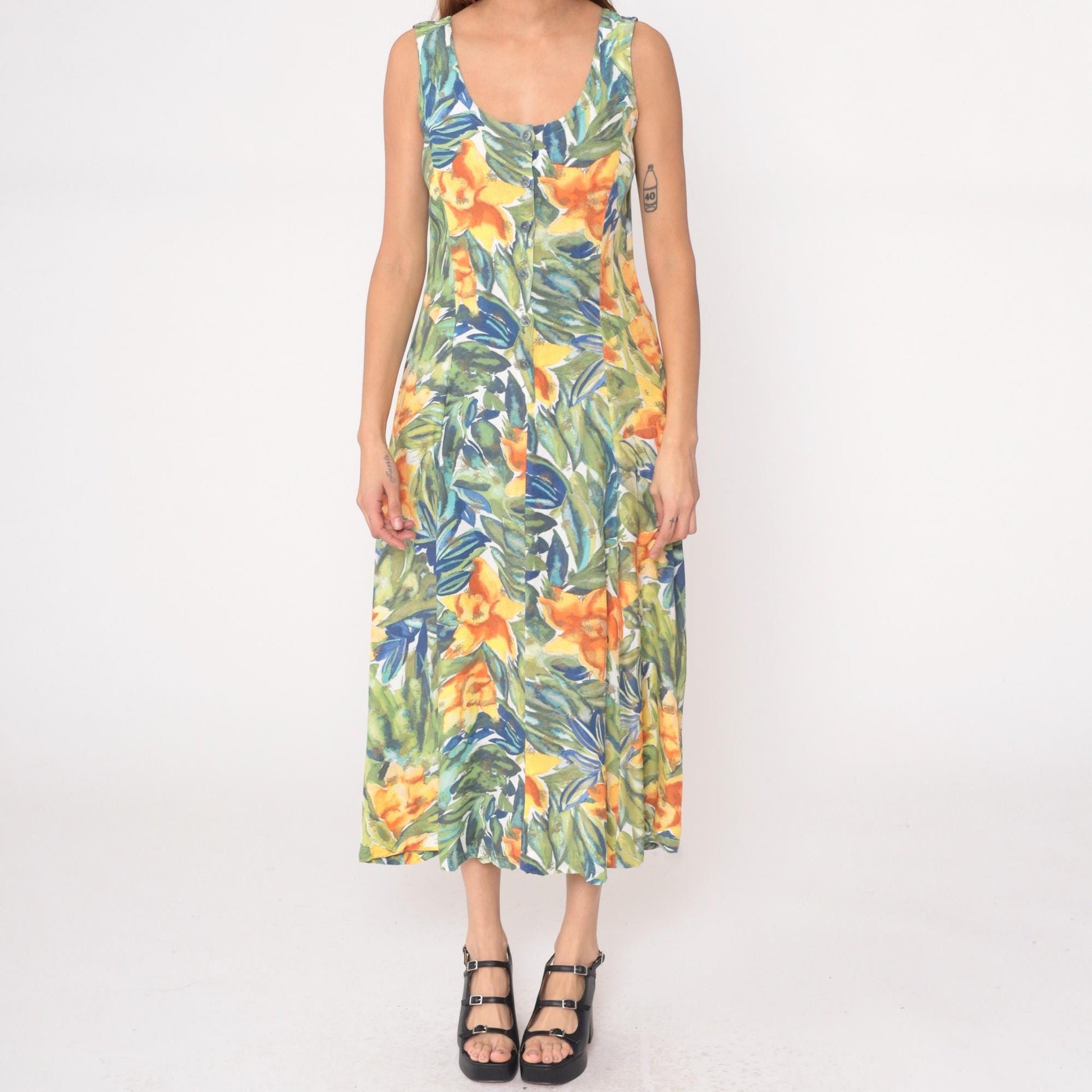 90s The Limited Tropical Floral Maxi Dress Button Front Sleeveless Medium