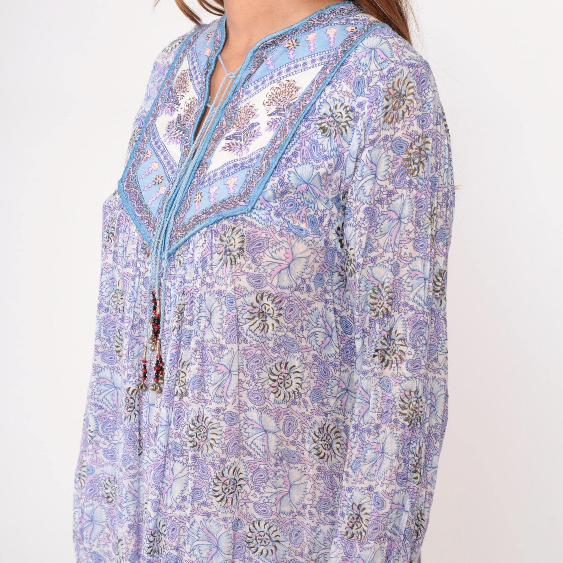 90s Taja Purple Paisley Maxi Dress Beaded Yoke Cotton Floral Large L