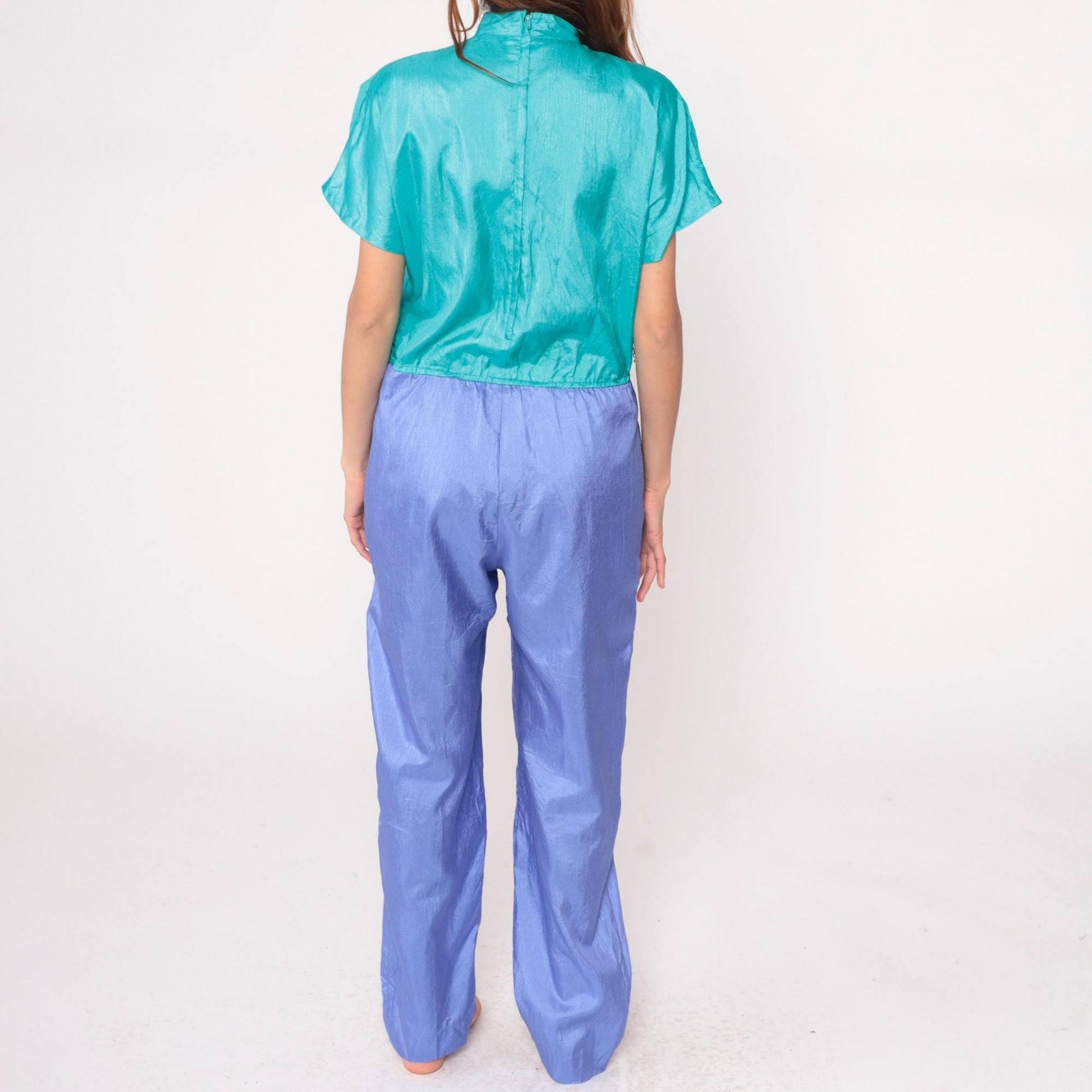90s Joan Walters Colorblock Jumpsuit Teal Purple Wrap V-Neck Medium M