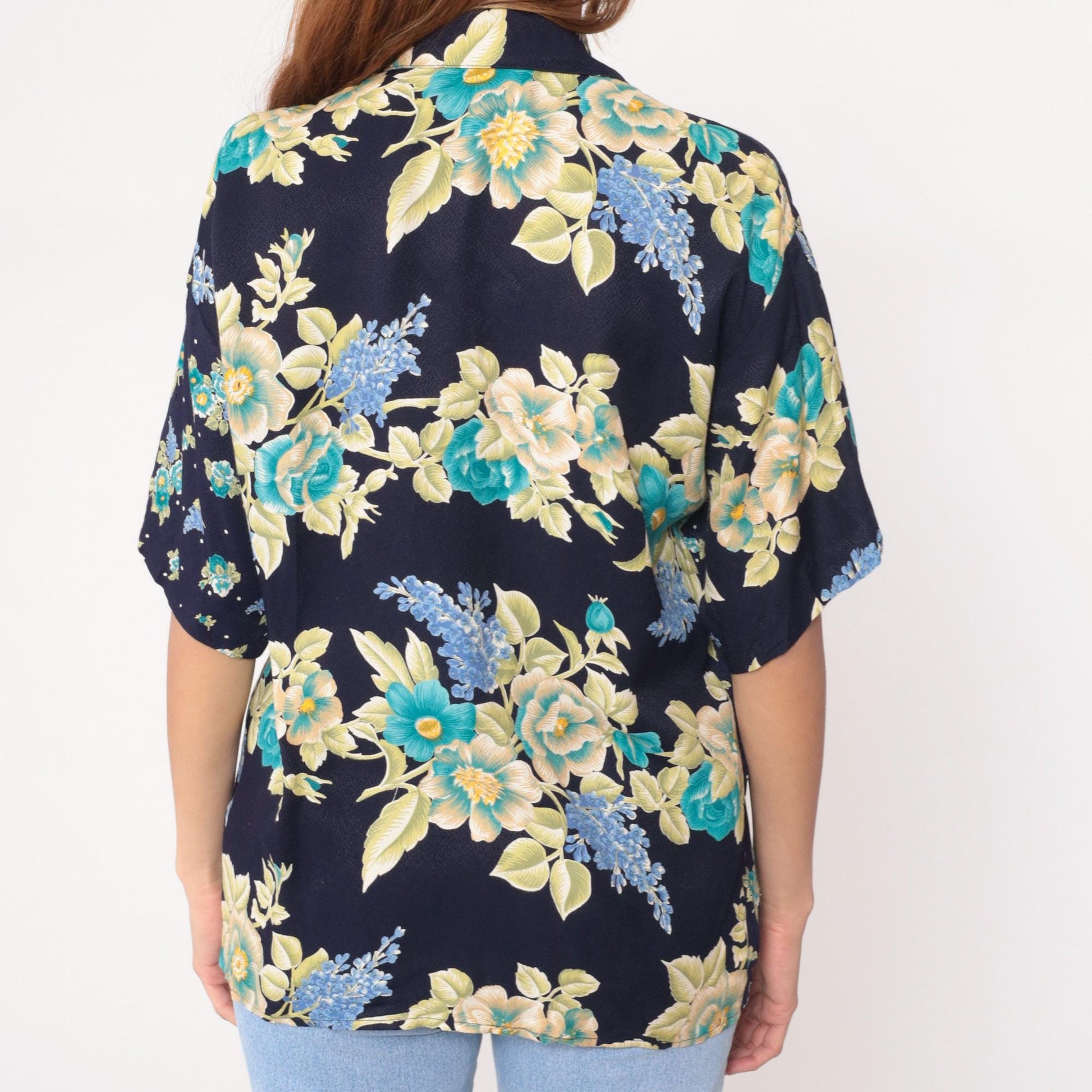 90s Navy Floral Rayon Blouse Turquoise Cream Yellow Flowers Short Sleeve Large