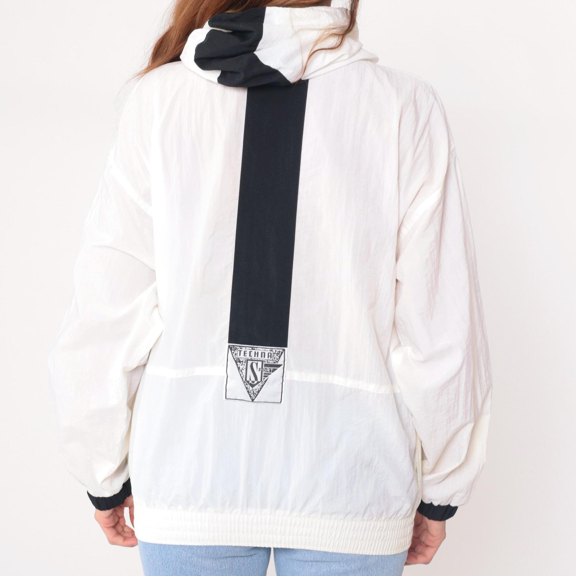 90s Techno Sport White Nylon Windbreaker Hooded Jacket Black Trim Small S