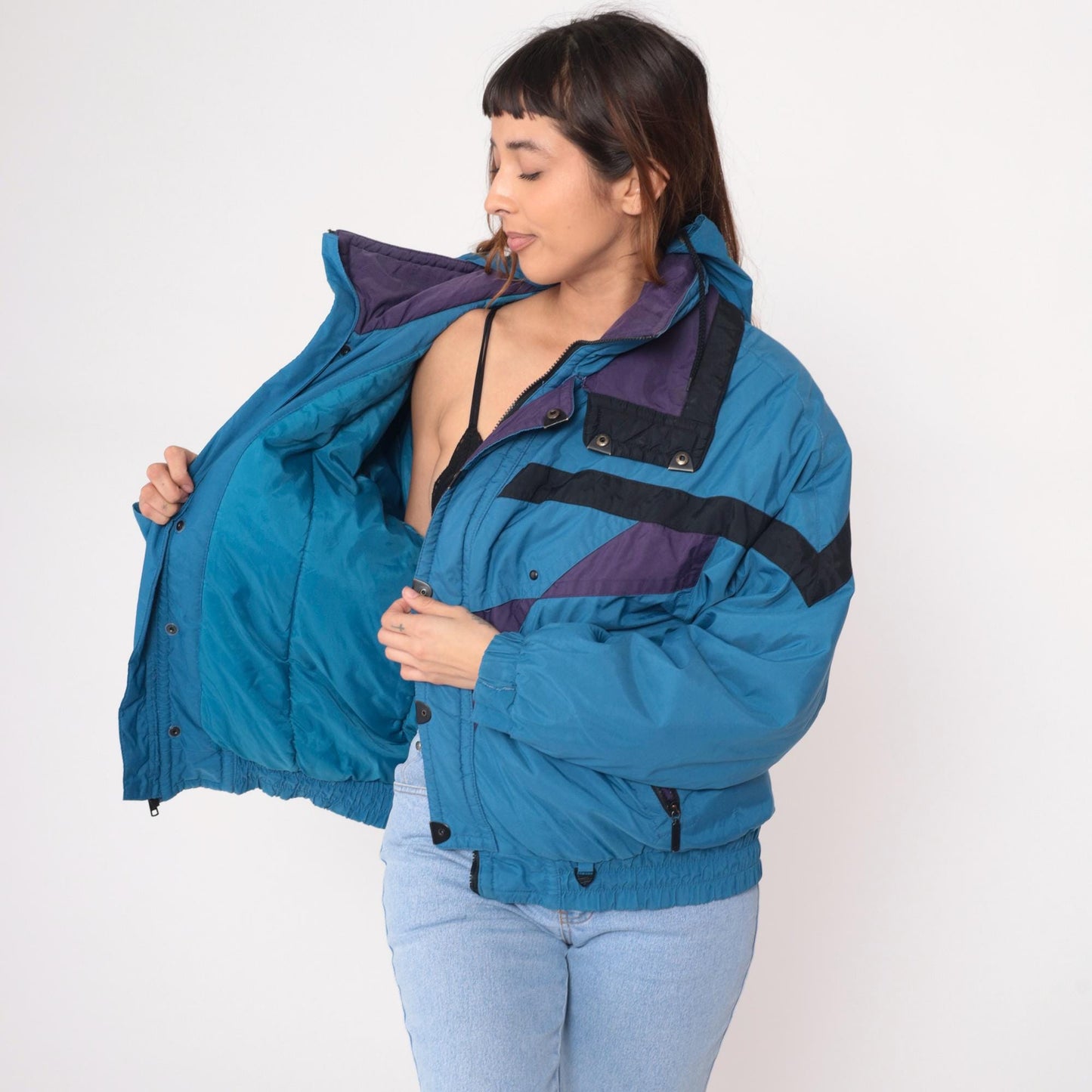 90s Skitique Colorblock Ski Jacket Light Blue Black Purple Hooded Puffer Medium