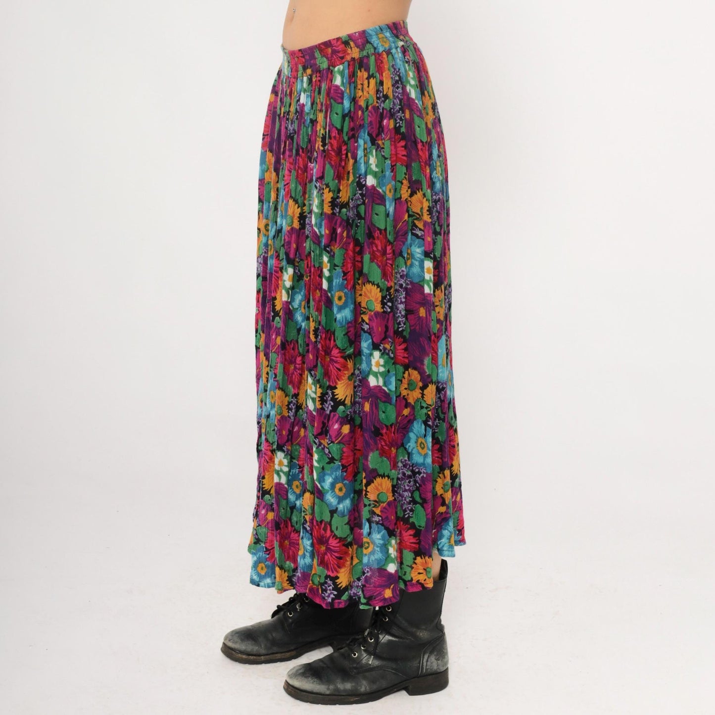 90s Jane Ashley Floral Maxi Skirt Purple Multicolor Gathered Large L