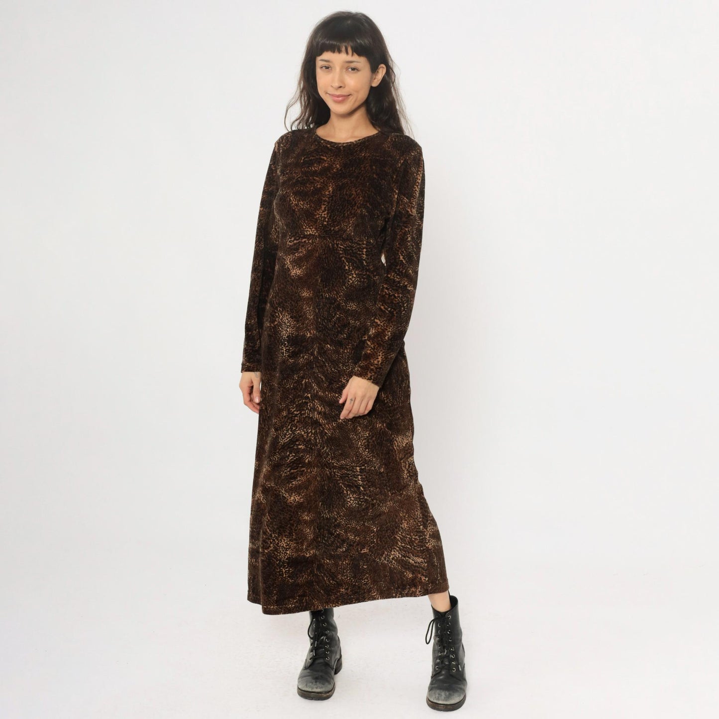 90s Jones New York Leopard Print Maxi Dress Long Sleeve Brown Medium M