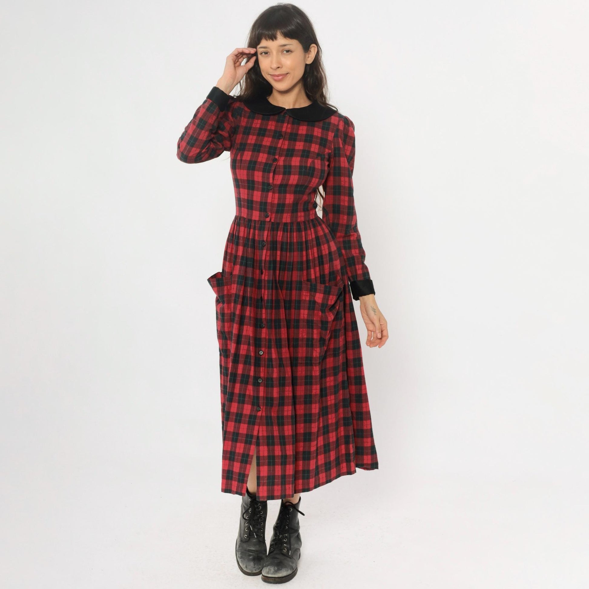 90s St Simon Red Black Plaid Midi Dress Peter Pan Collar Small S