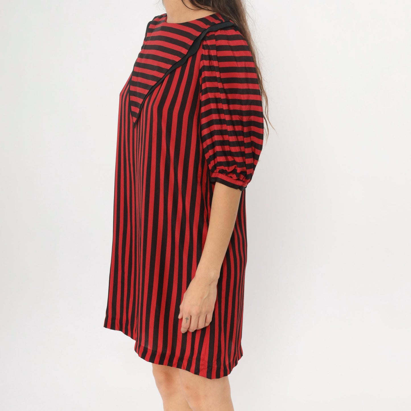 90s Liz Claiborne Striped Shift Dress Red Black Puff Sleeves Medium M