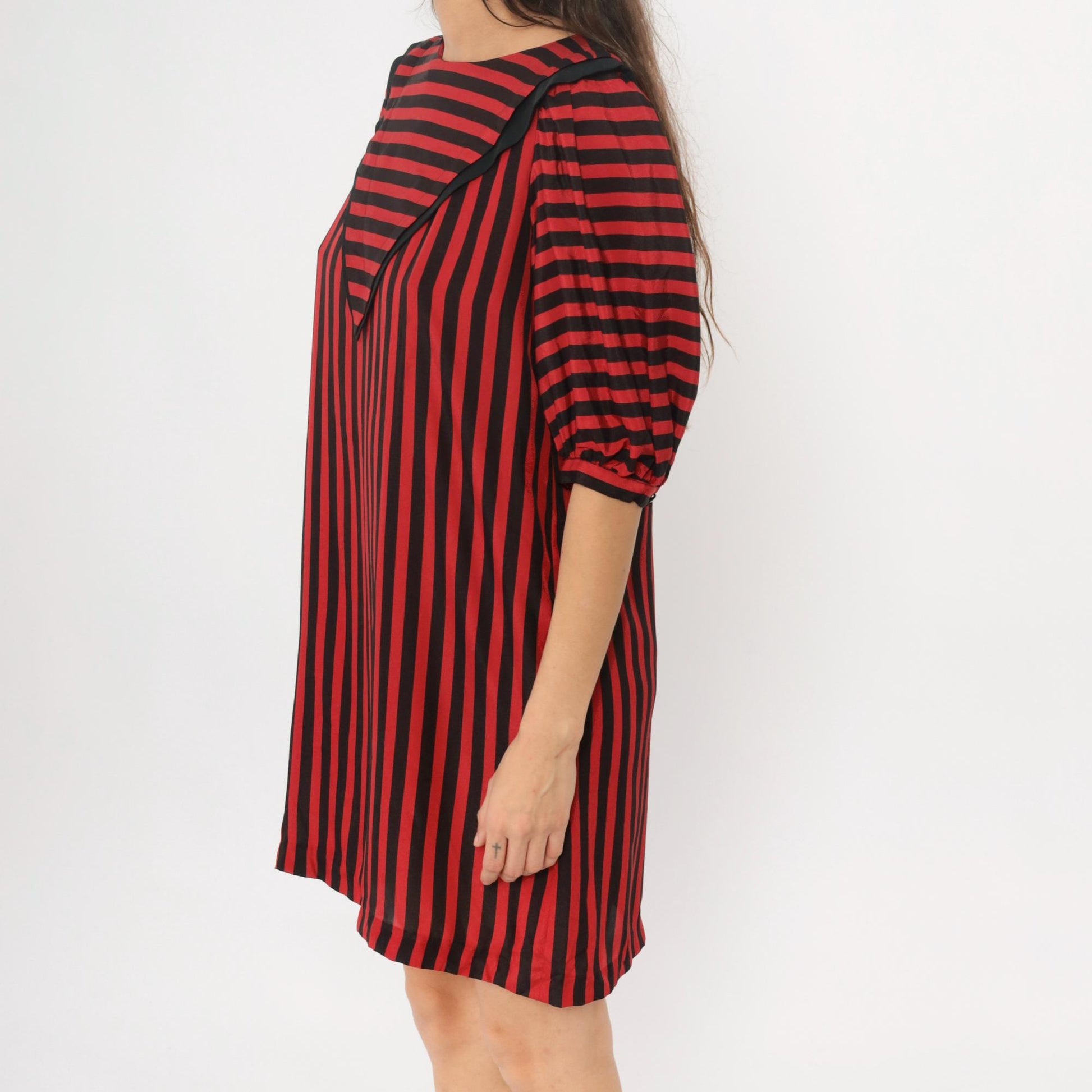 90s Liz Claiborne Striped Shift Dress Red Black Puff Sleeves Medium M