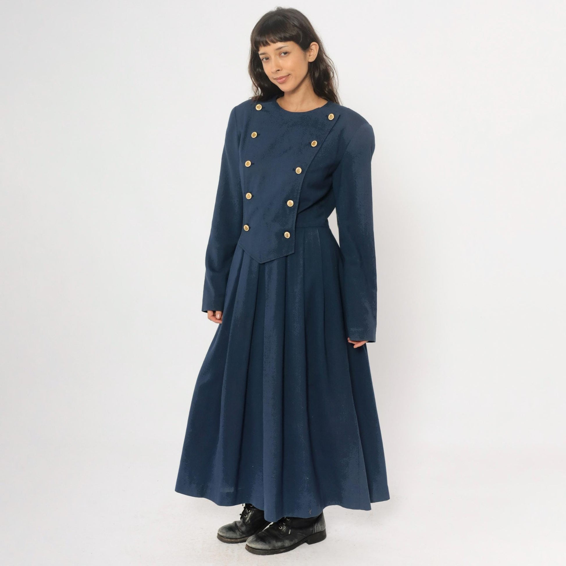 80s Navy Military Double-Breasted Maxi Dress Gold Buttons Large L