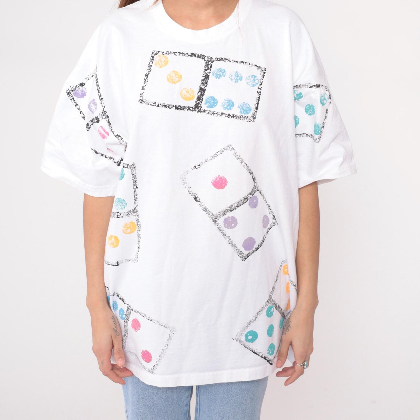 90s Dice Print Cotton T-Shirt White Graphic Tee Colorful Dots Large L