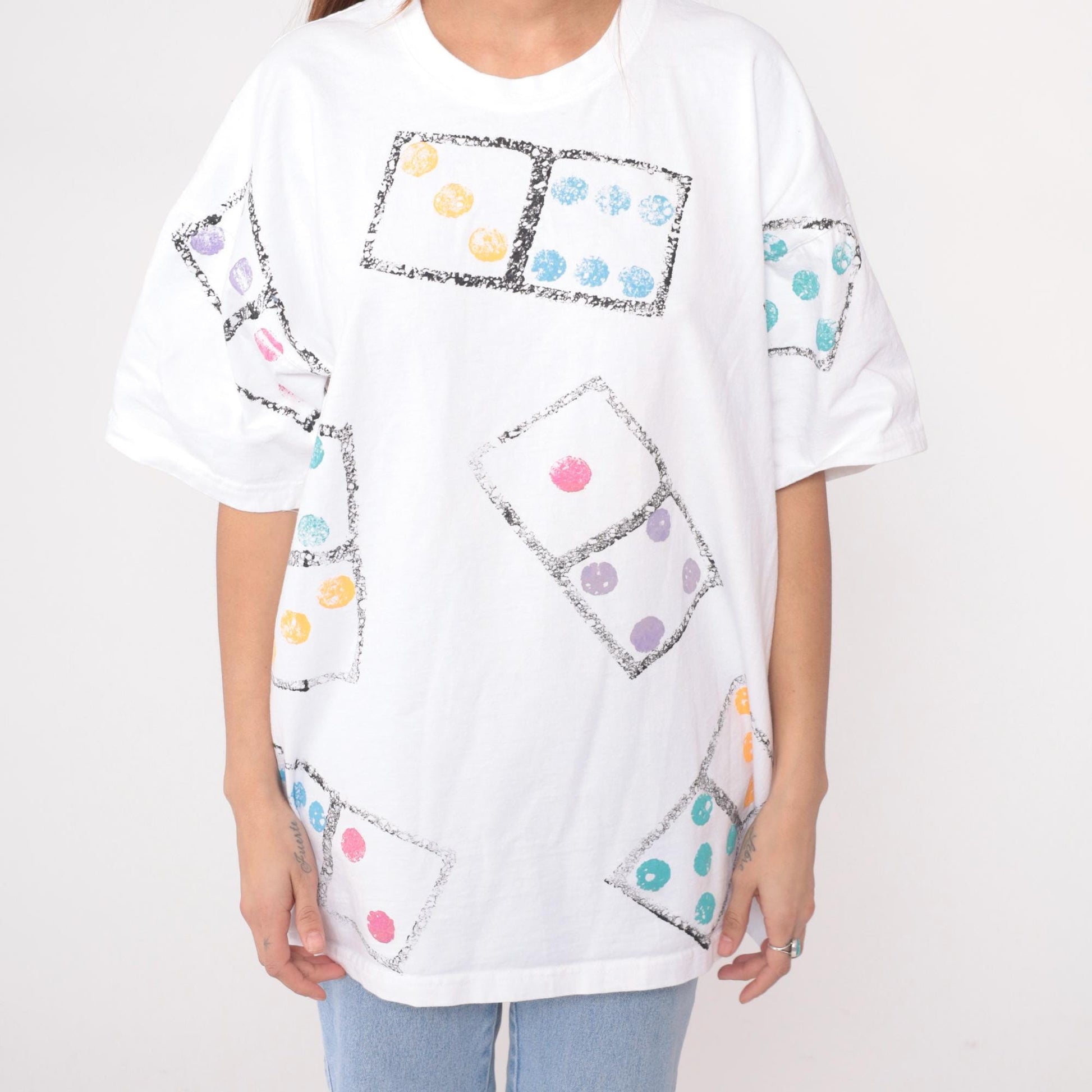 90s Dice Print Cotton T-Shirt White Graphic Tee Colorful Dots Large L