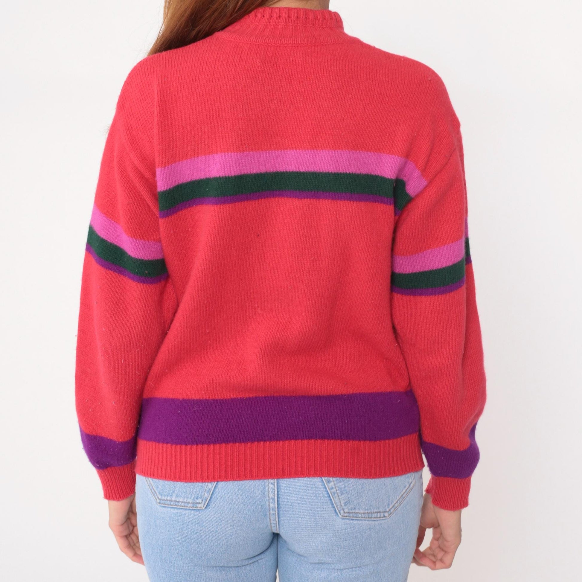 80s United Colors of Benetton Argyle Mock Neck Sweater Coral Pink Small S