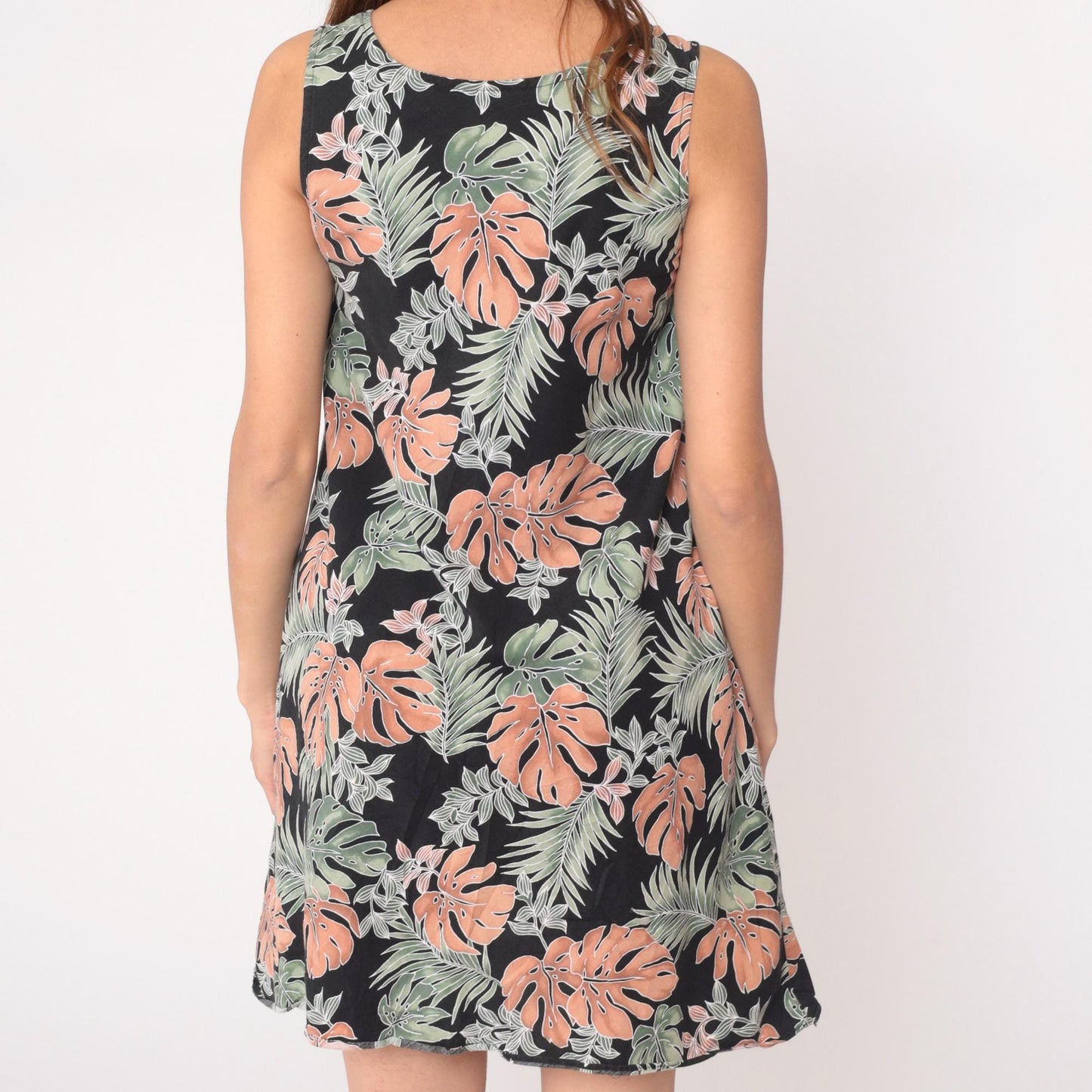 90s Pau Hana Tropical Mini Dress Black Coral Monstera Cotton Small S