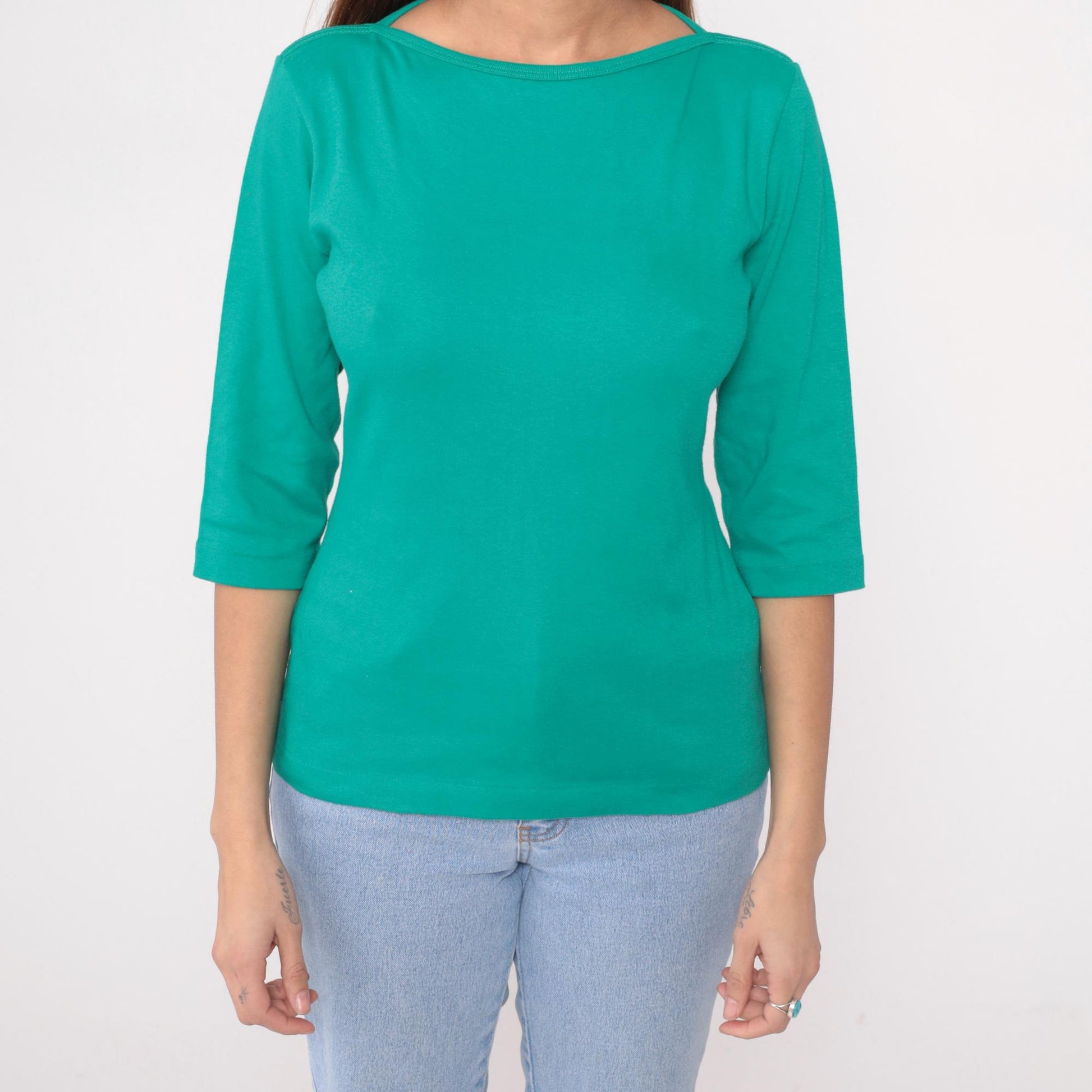 90s LL Bean Teal Boat Neck Cotton Top Three-Quarter Sleeve Medium M