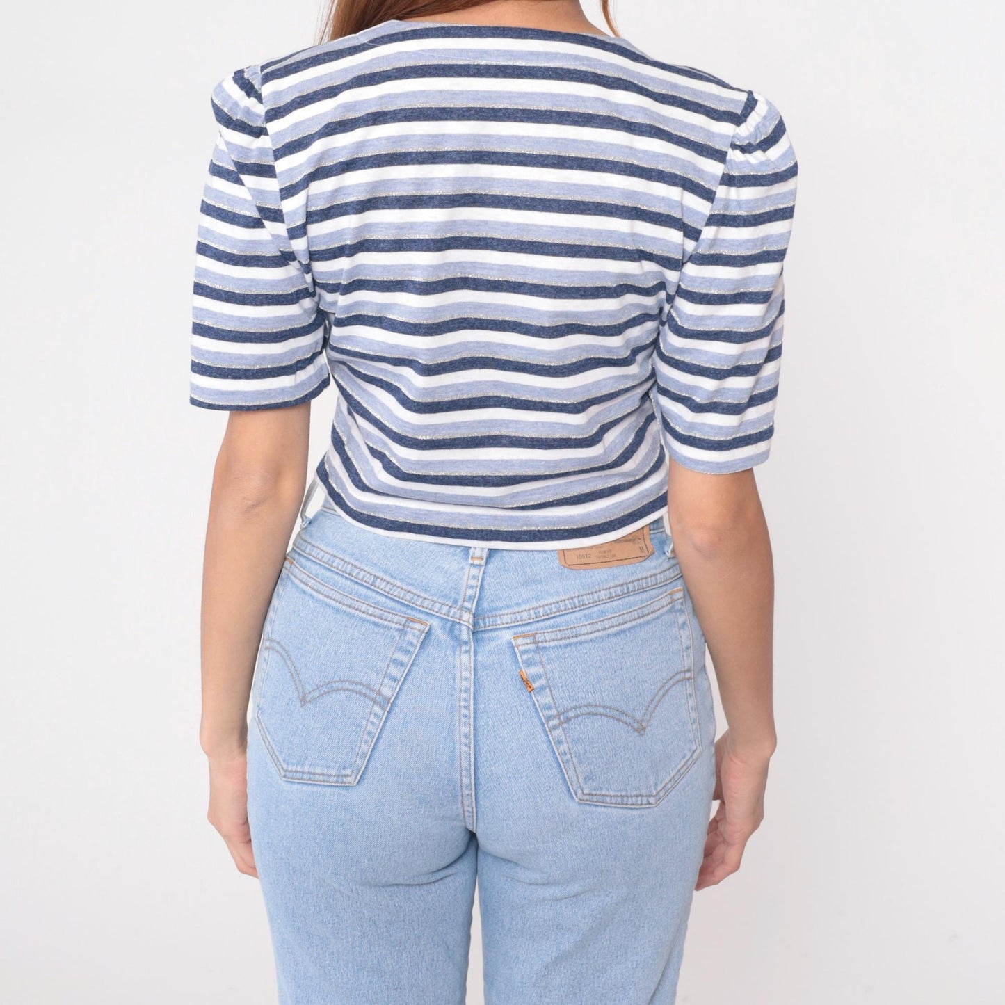 80s Striped Crop Top Puff Sleeve Button Front Navy Blue White Medium