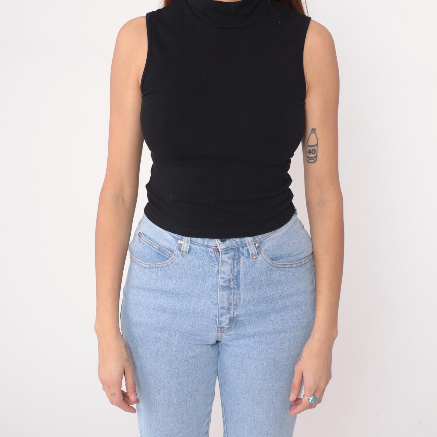 90s Black Sleeveless Mock Turtleneck Crop Top Cotton Knit Small