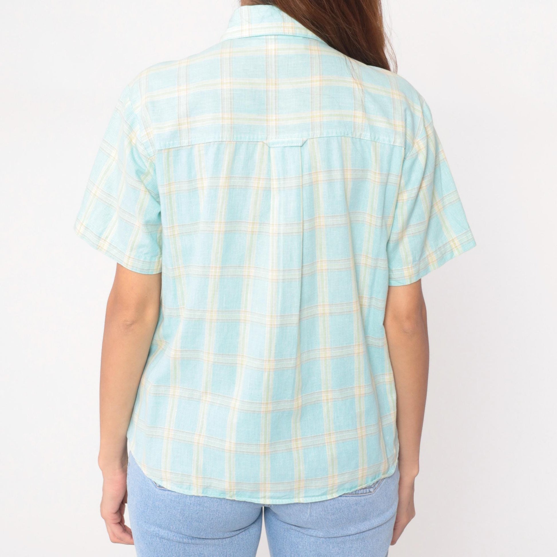 90s Pastel Plaid Cotton Button-Up Shirt Pale Blue Soft Yellow Medium M