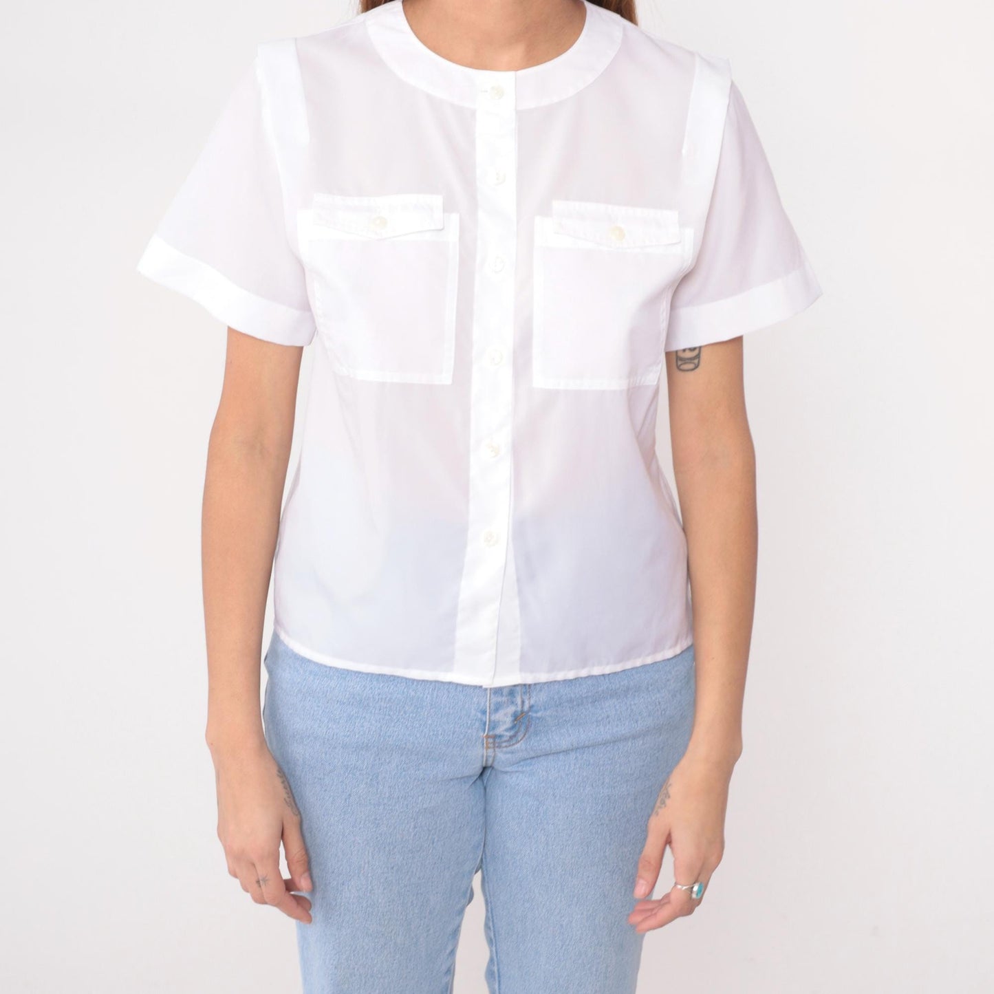 80s White Peter Pan Collar Button-Up Shirt Short Sleeve Medium