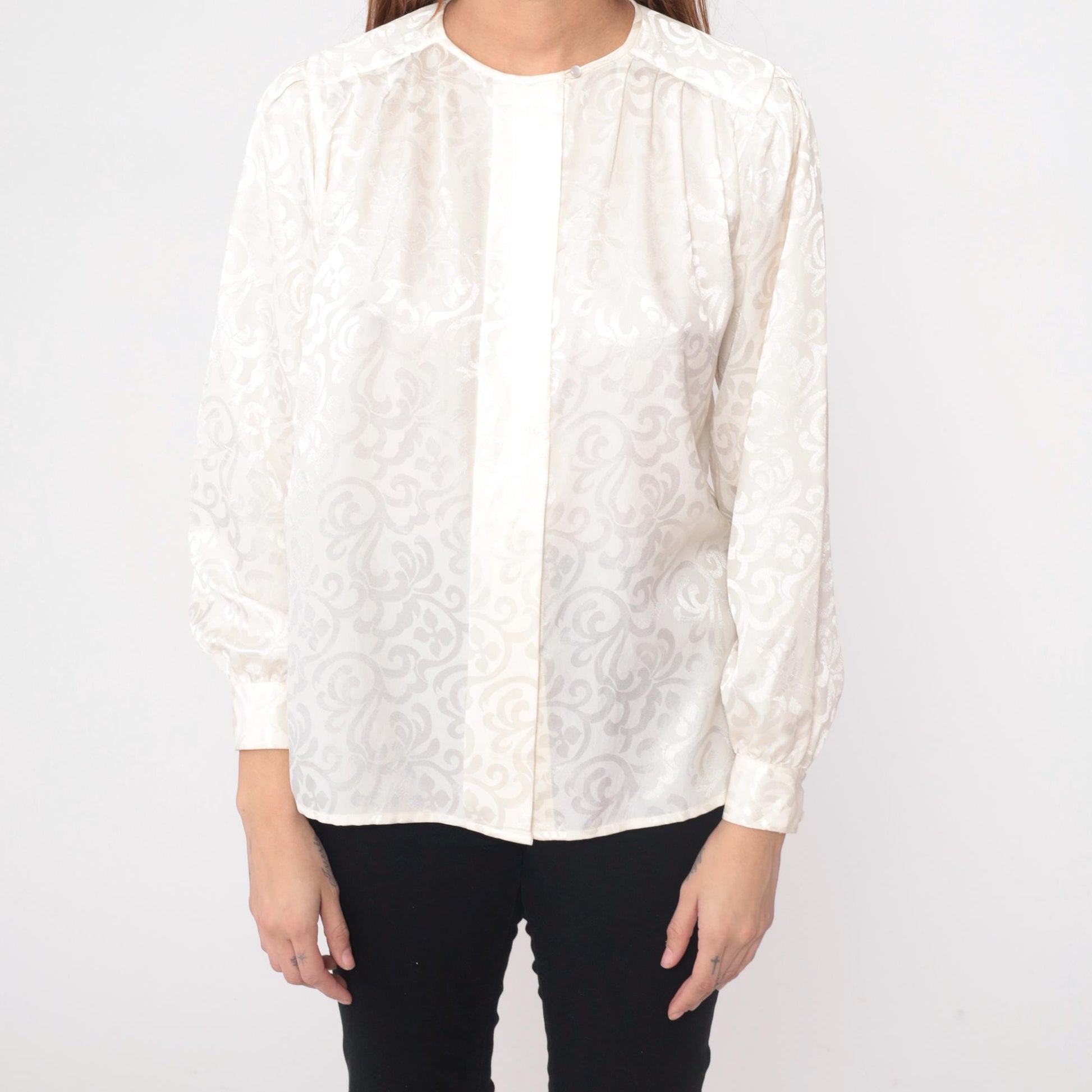 80s Claude Bennet Cream Jacquard Blouse Gathered Shoulders Small