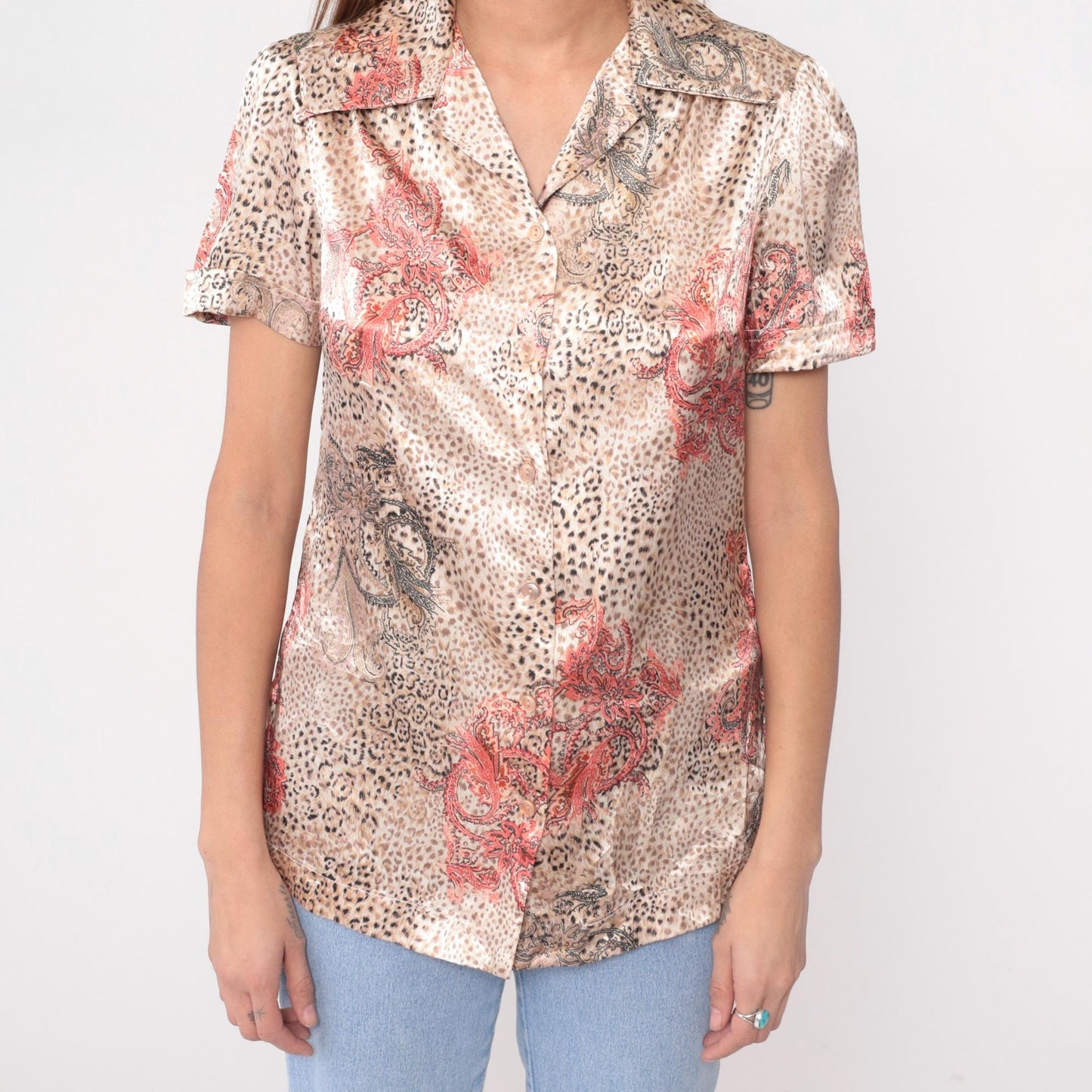 80s Leopard Paisley Satin Blouse Coral Pink Brown Animal Print Collared Medium M