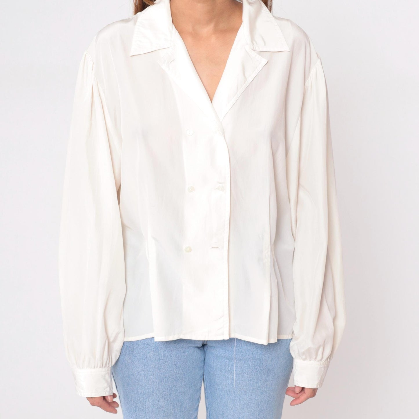 90s Alyssa Cream Button-Front Blouse Notched Collar Long Sleeve Large