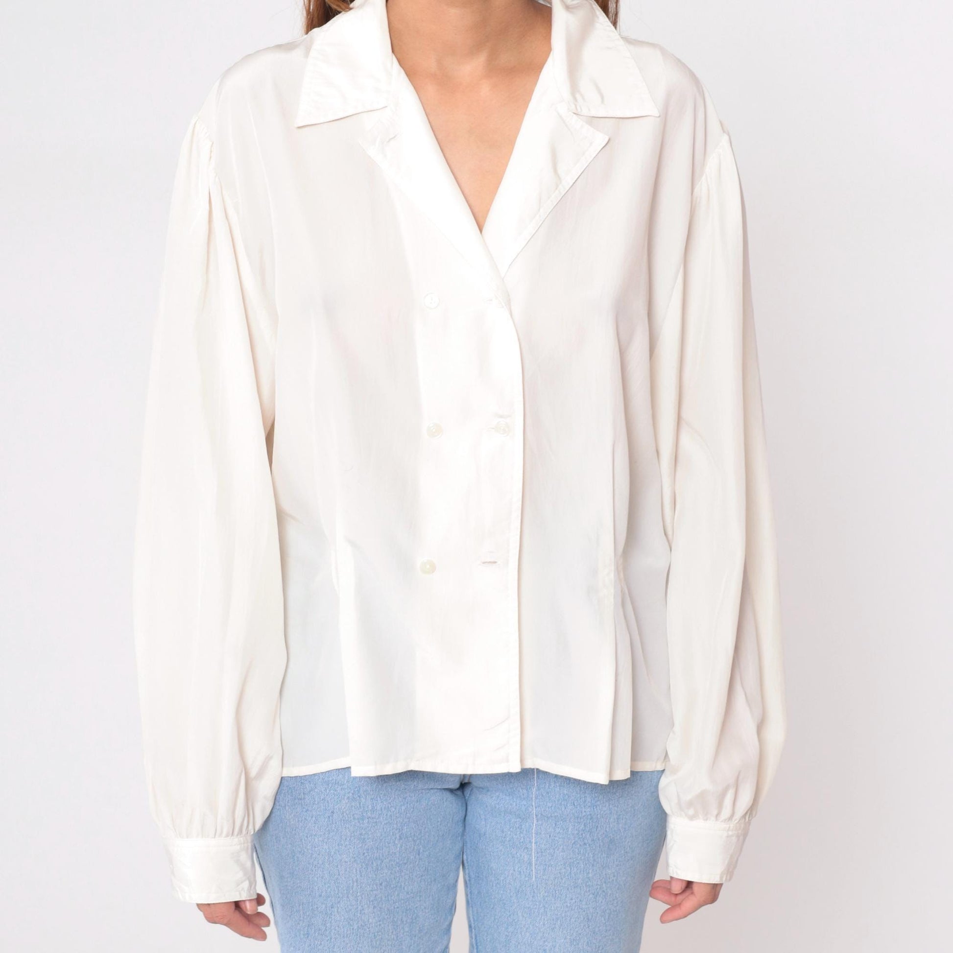 90s Alyssa Cream Button-Front Blouse Notched Collar Long Sleeve Large