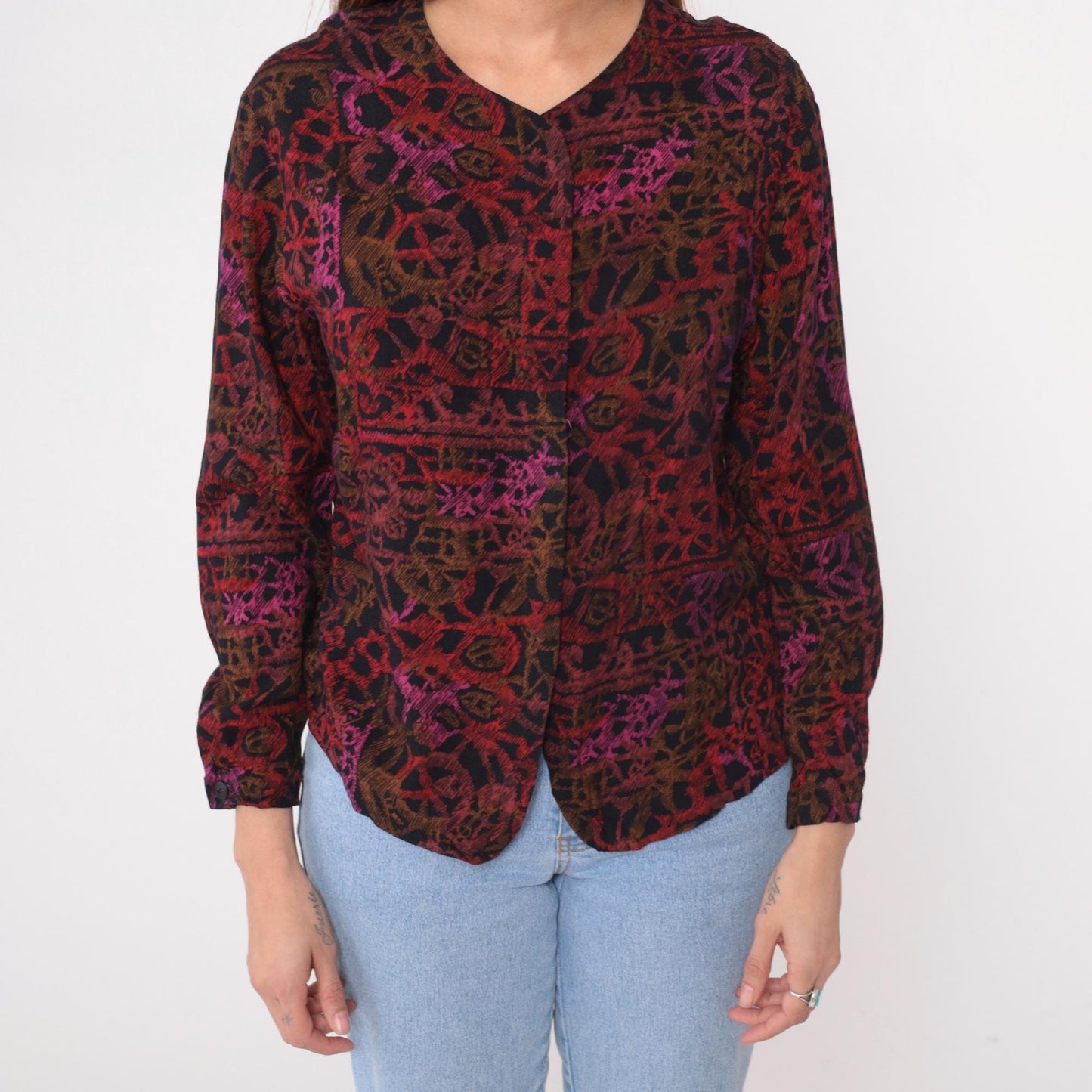 90s Melrose Sport Abstract Geometric Blouse V-Neck Burgundy Small S