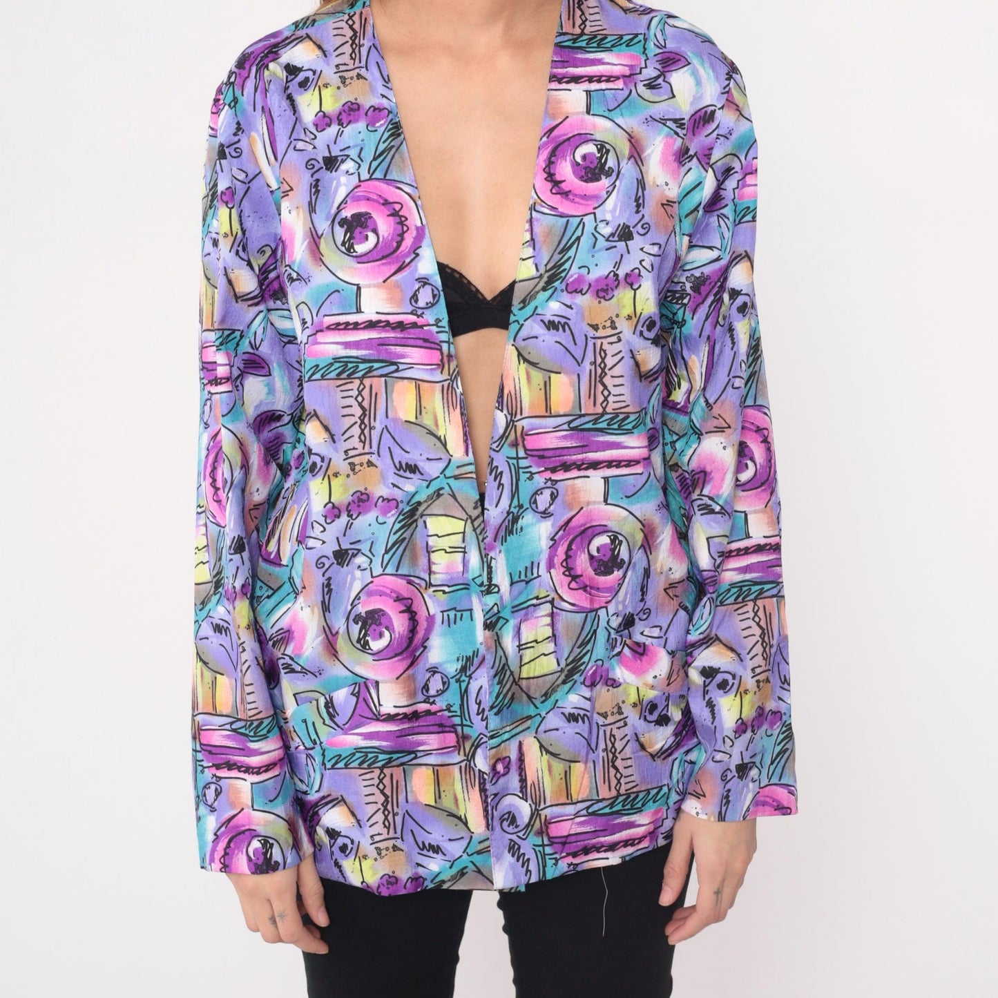 90s Joan Walters Purple Geometric Blazer Open Front Abstract Print Medium