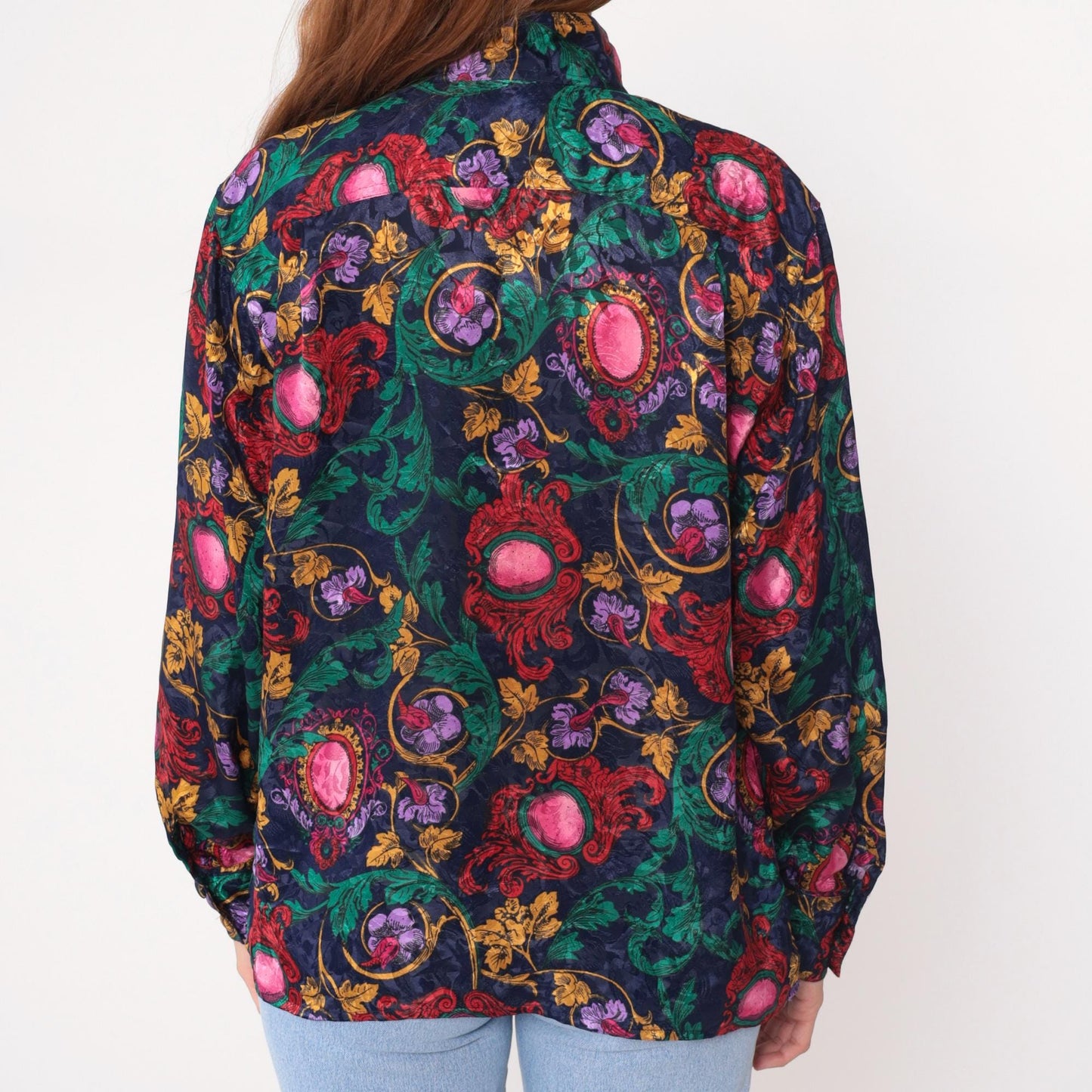 90s Tess Baroque Print Blouse Navy Gold Medallion Long Sleeve Large L
