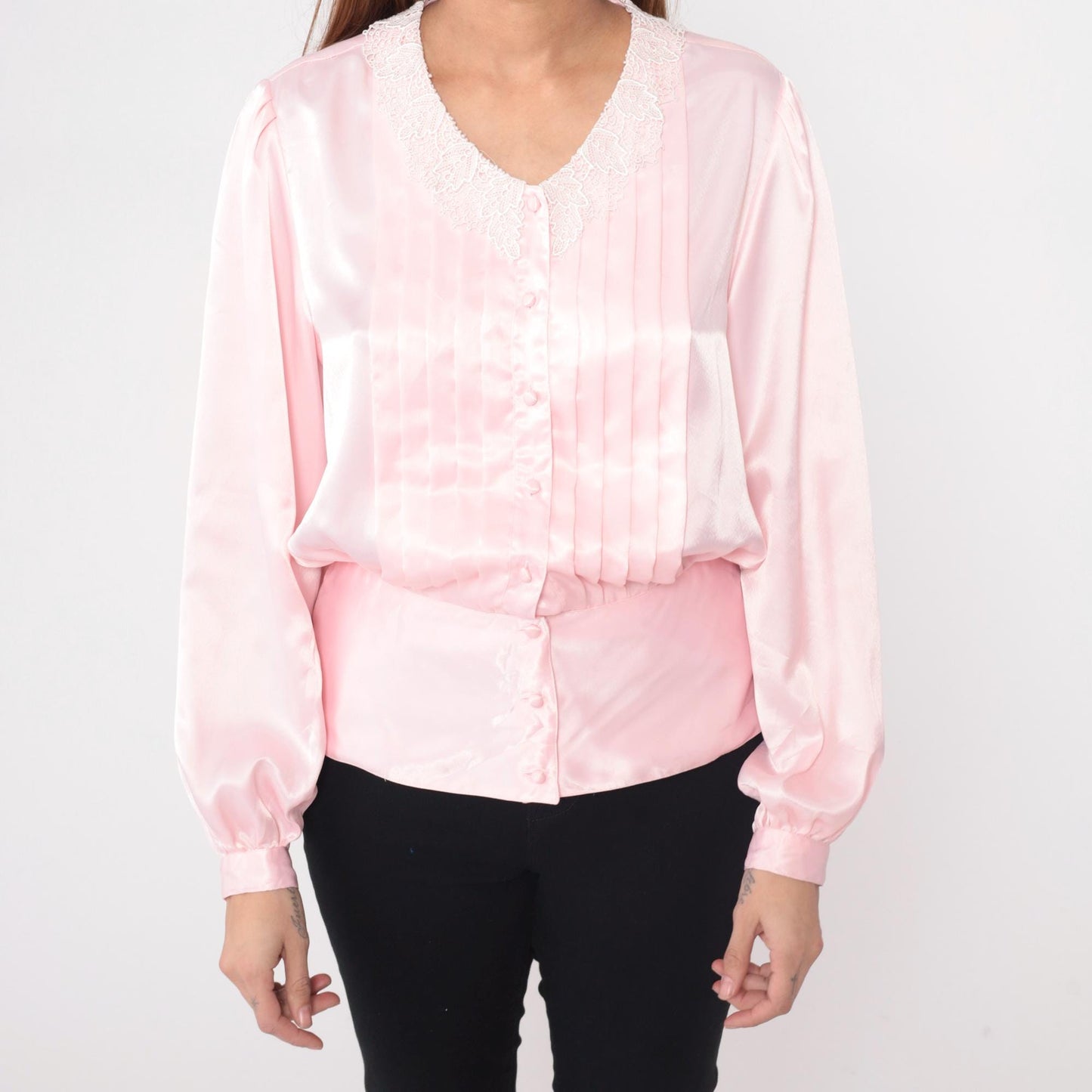 80s Pink Blouse White Lace Collar Pintuck Pleated Button-Up Large L