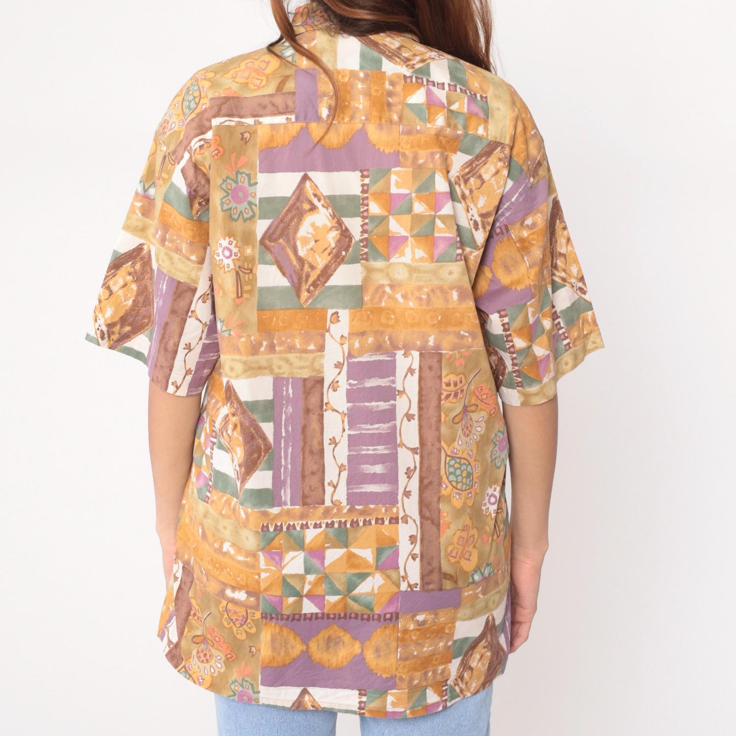 90s Burma Bibas Patchwork Cotton Shirt Geometric Floral Multicolor Medium