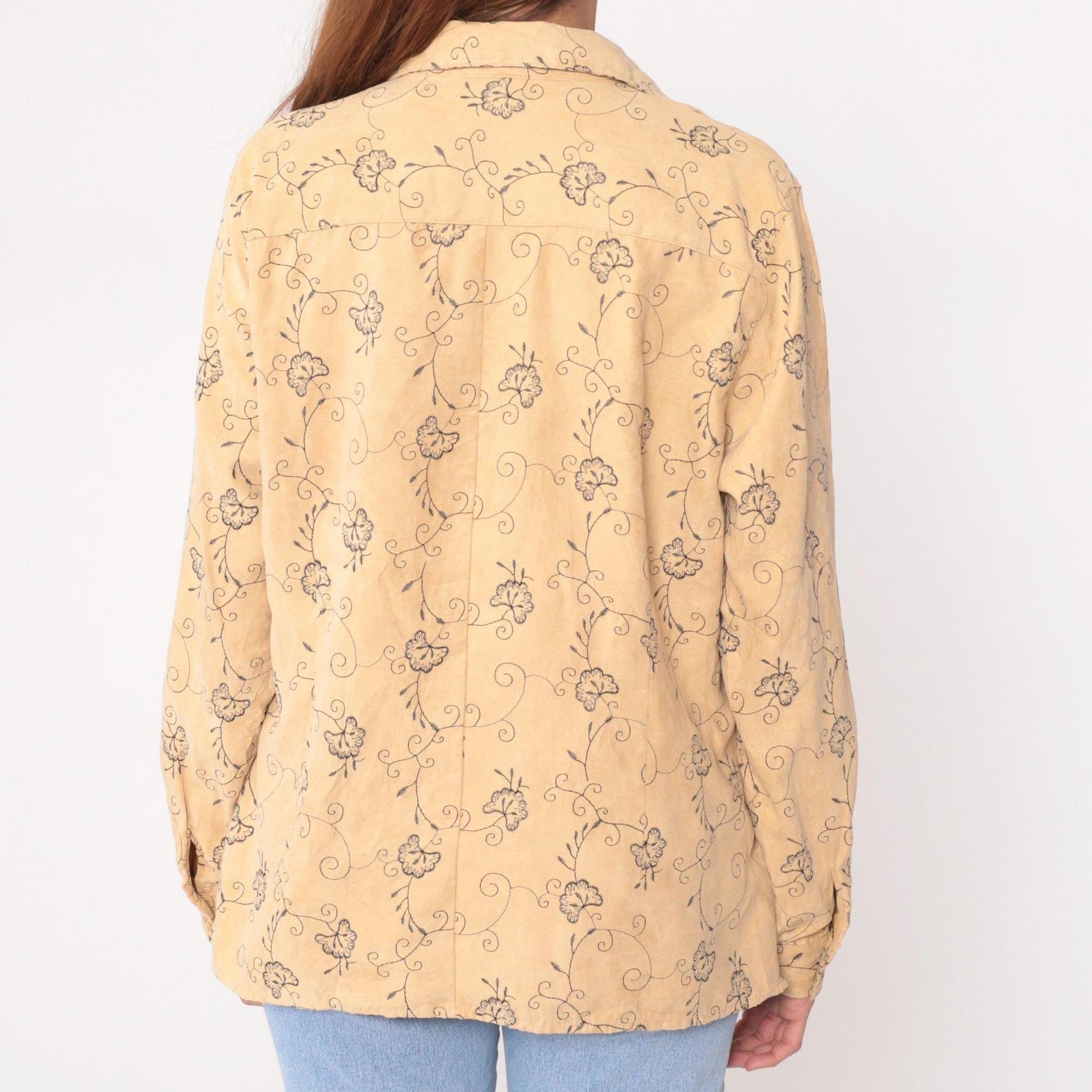 90s Sag Harbor Floral Embroidered Blouse Cream Long Sleeve Collared Large L