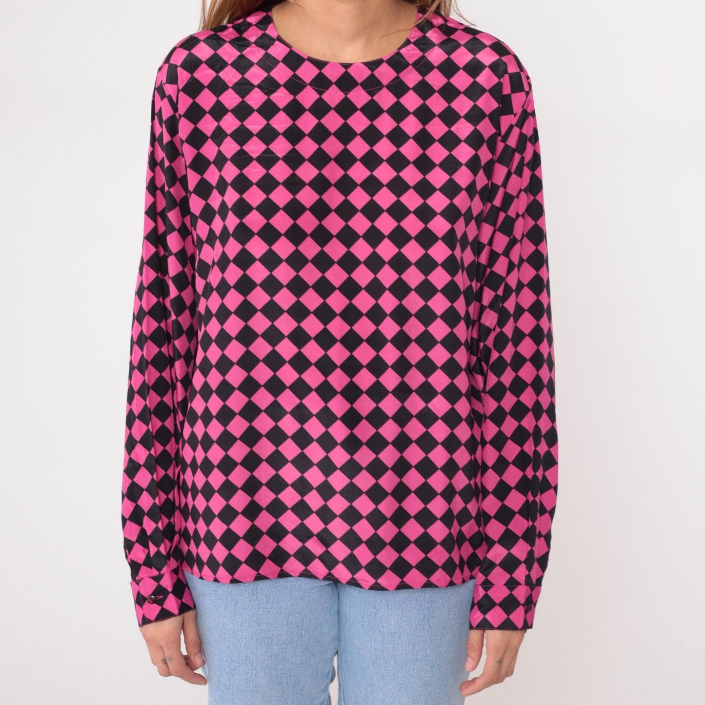 90s Checkerboard Blouse Pink Black Diamond Pattern Keyhole Back Large