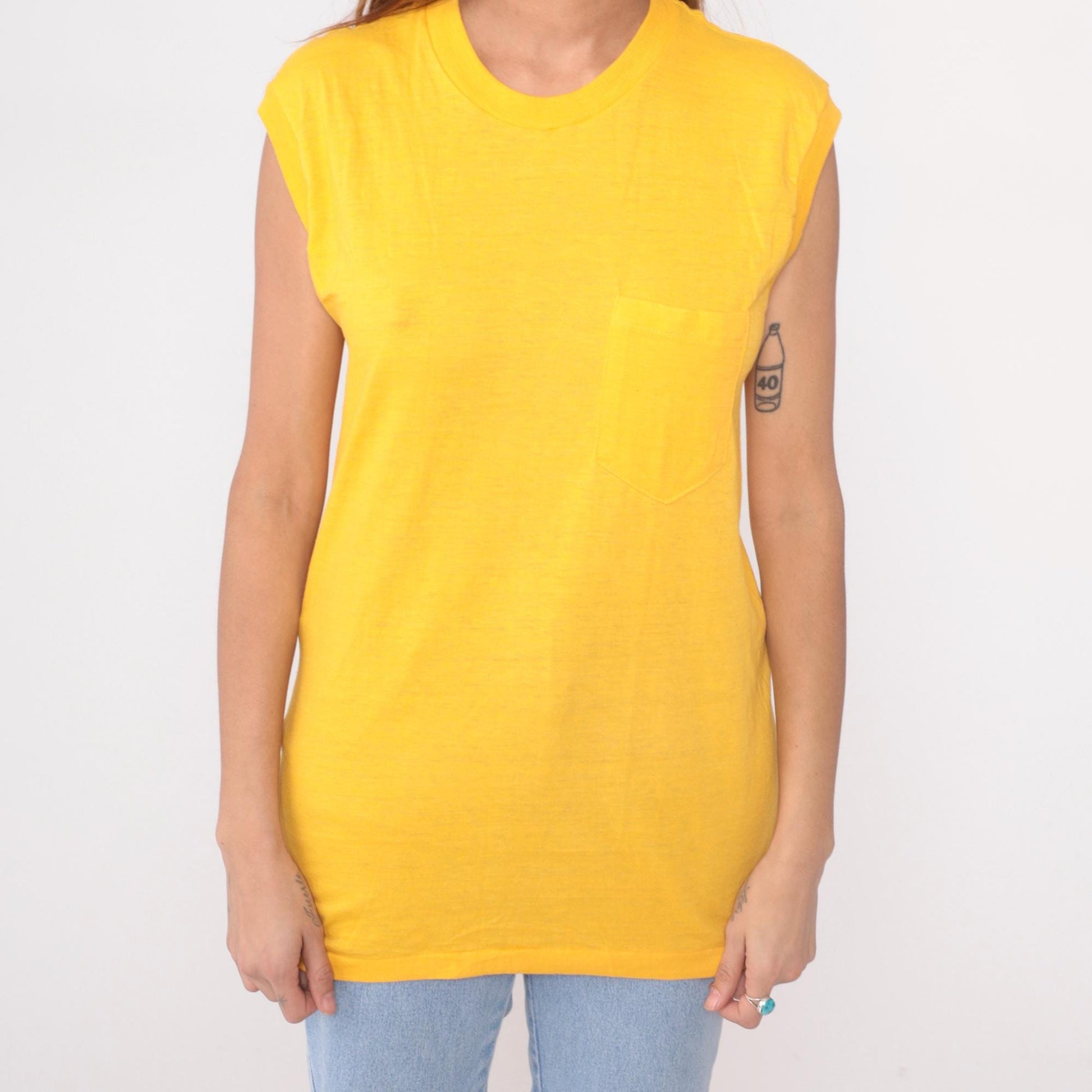 80s McGREGOR Yellow Muscle Tee Tank Top Chest Pocket Tunic Large L